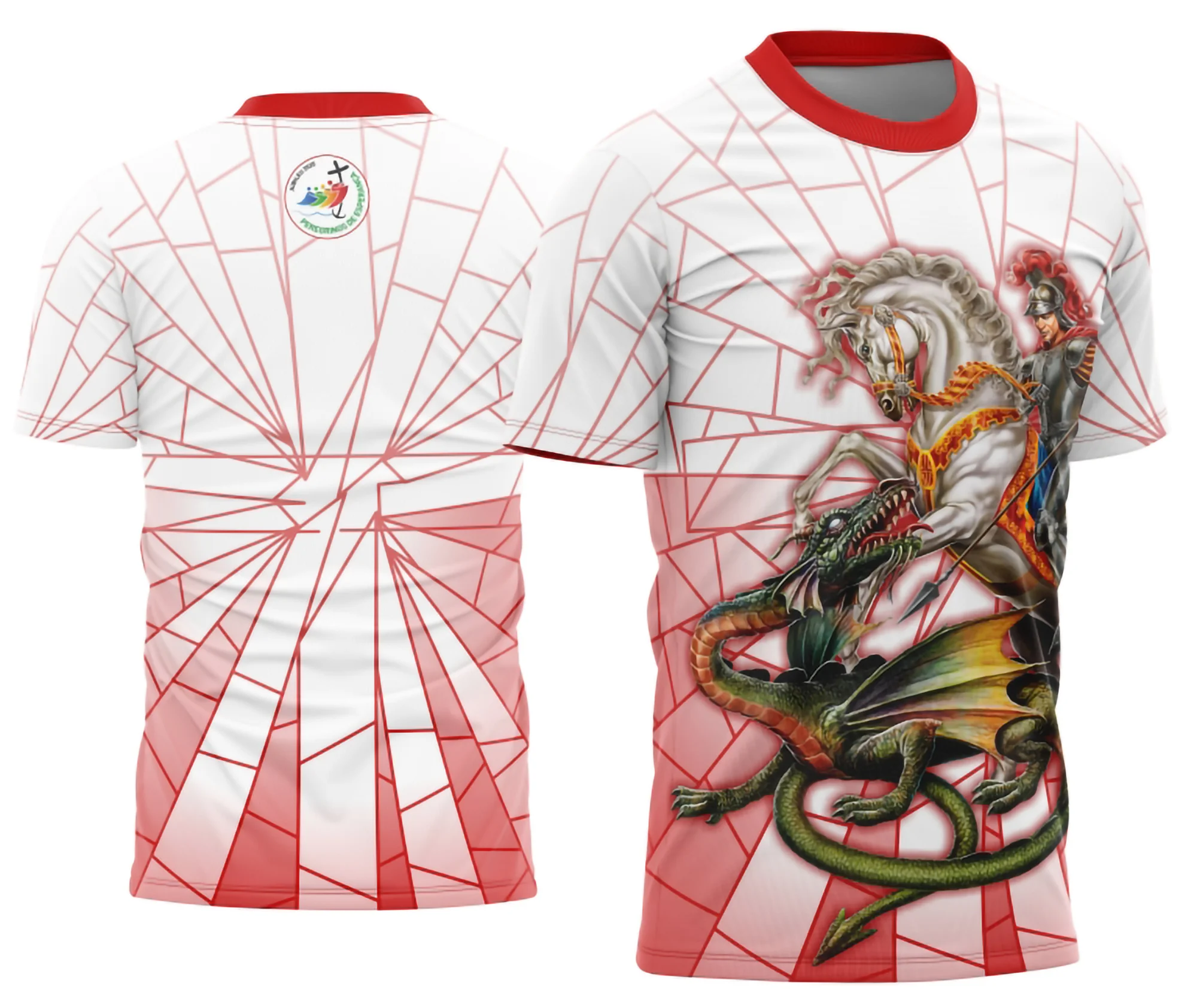 Camisa com logo no peito e estampa grande nas costas mostrando São Jorge em pose tradicional com armadura e cavalo, em cores vibrantes e design marcante.