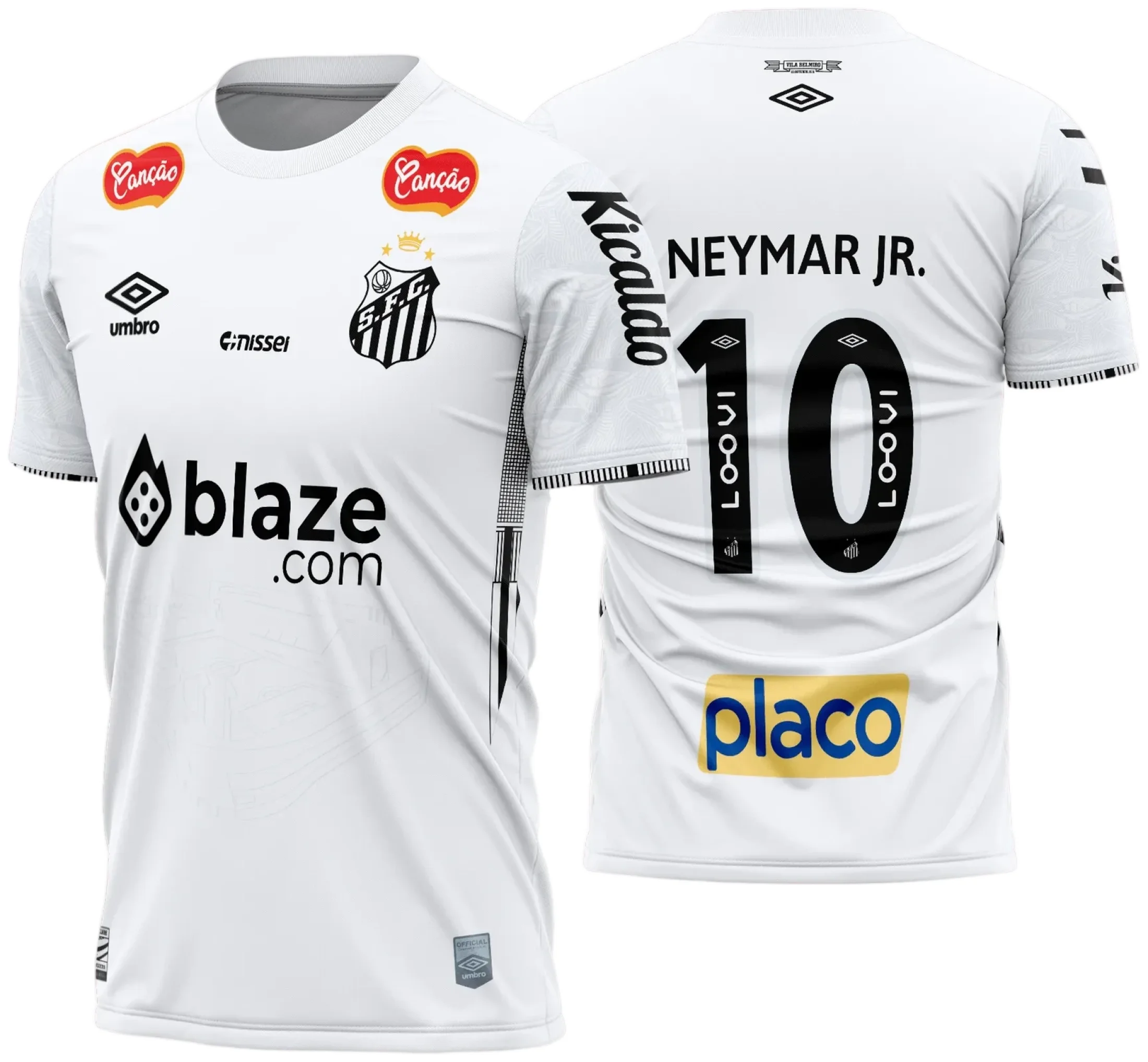 Camiseta unissex branca com logo no peito e estampa grande nas costas, temática Santos titular 2024 2025, estilo esportivo e moderno, perfeita para torcedores apaixonados.