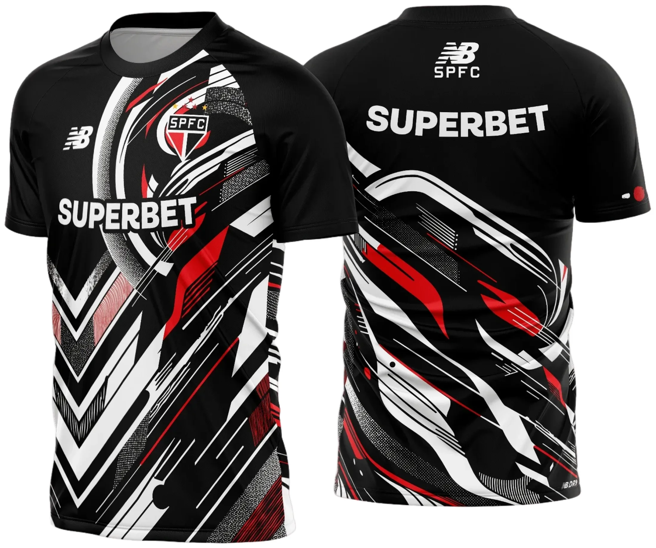 Camiseta unissex preta com logo no peito e estampa grande nas costas do São Paulo Pré-Jogo 2025-2026, perfeita para torcedores que buscam estilo e autenticidade em roupa casual.
