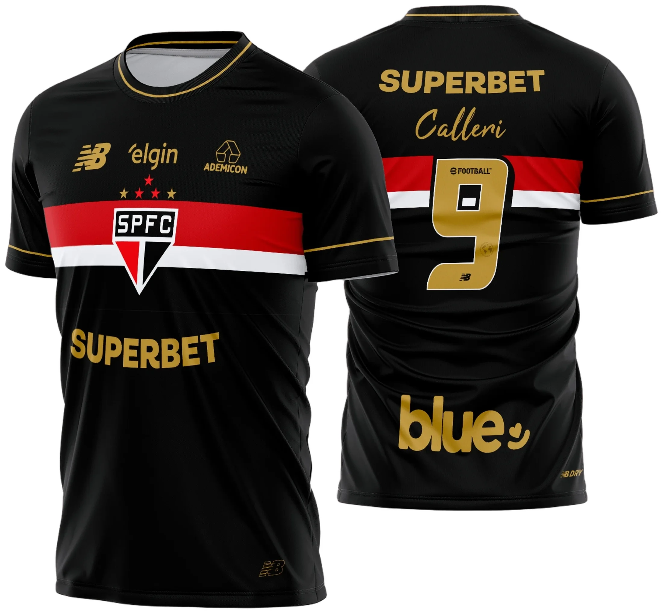 Camiseta unissex preta com logo no peito e estampa grande nas costas destacando o tema São Paulo Terceira 2025-26, ideal para fãs e colecionadores do time.