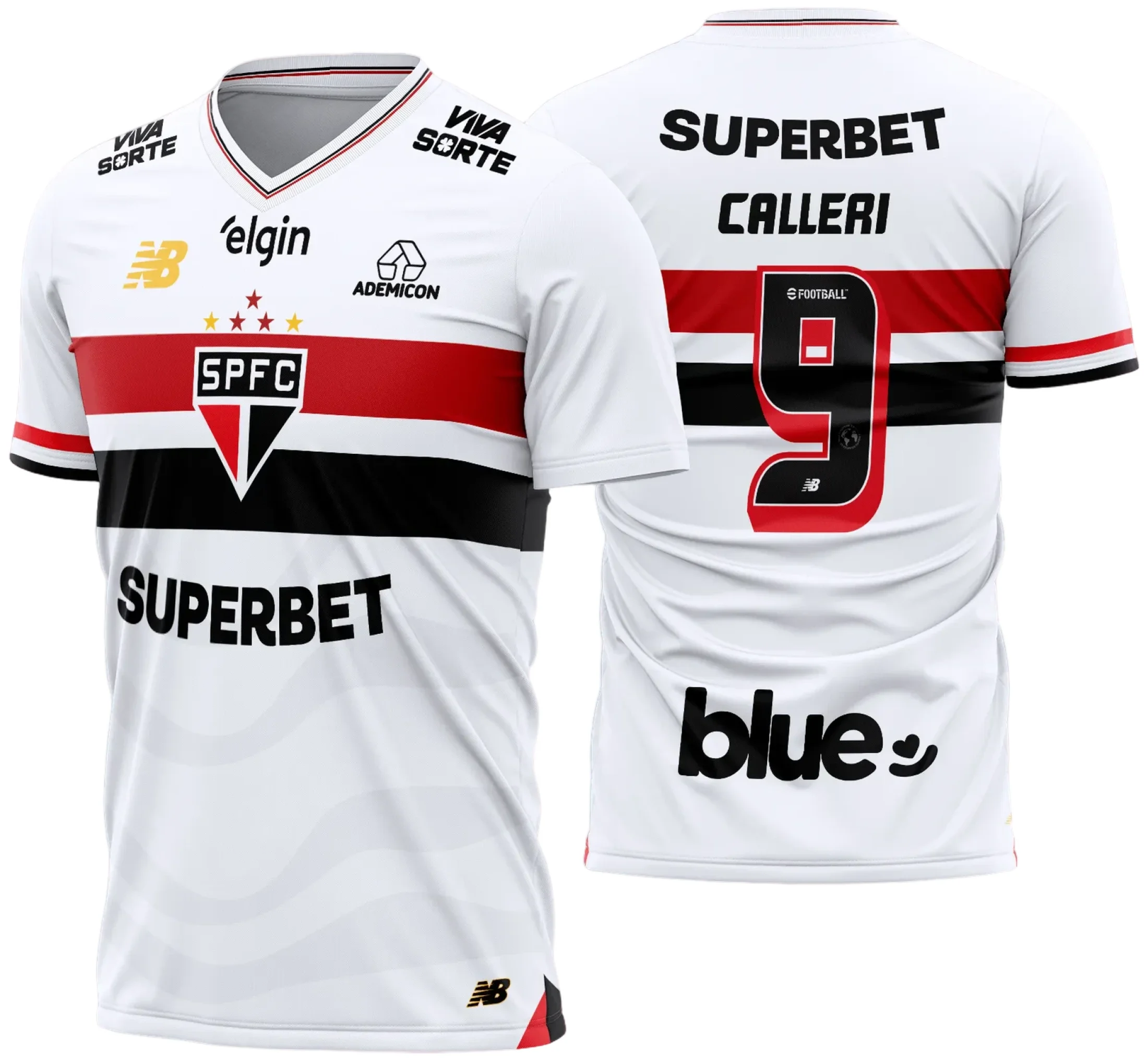 Camiseta unissex preta com logo no peito e estampa grande nas costas, temática São Paulo Titular 2025 - 2026, ideal para fãs do time que buscam estilo e conforto.