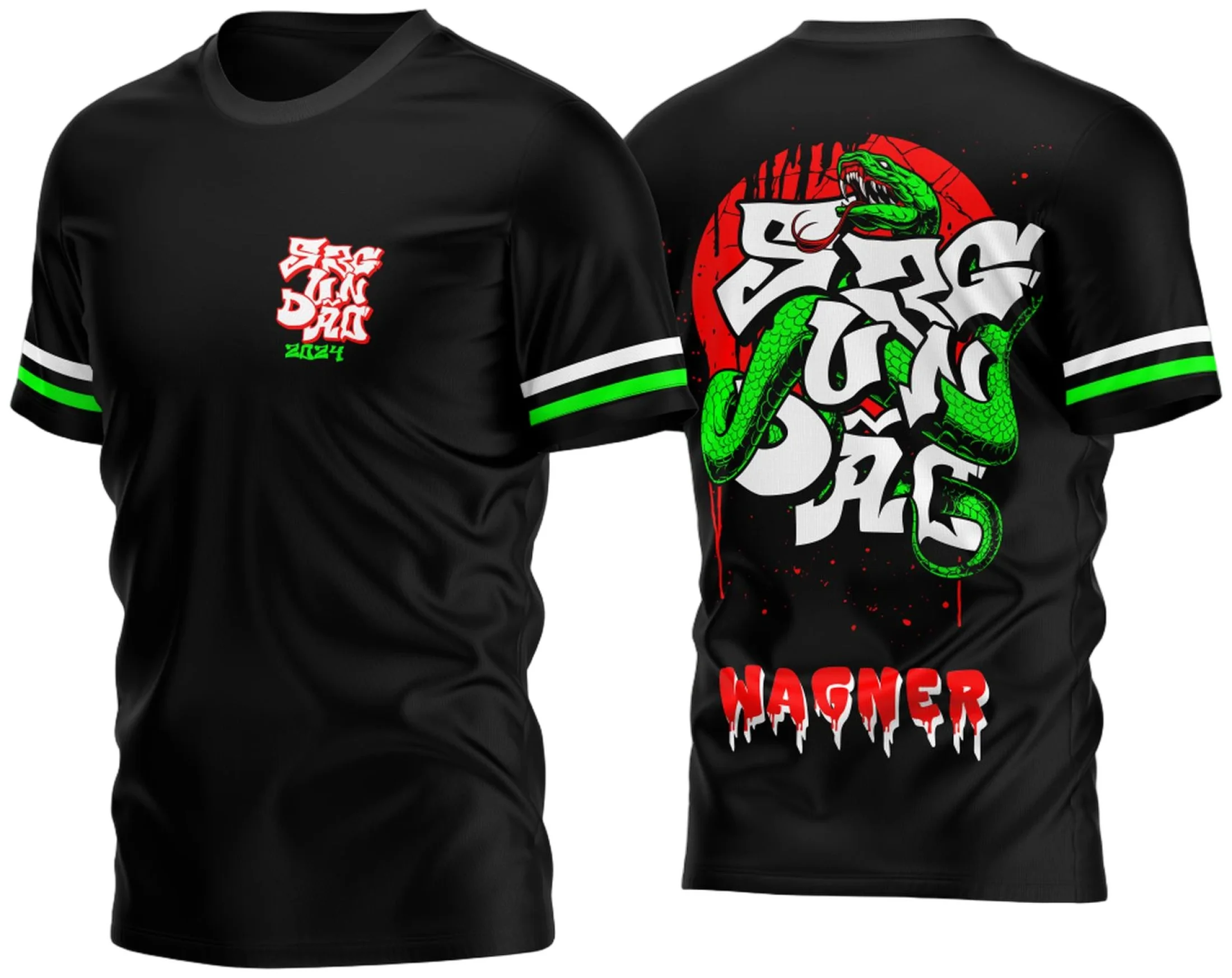 Foto de camiseta unissex preta com logo no peito e estampa grande nas costas com tema Segundão 2024 Cobra Verde, ideal para fãs e colecionadores.