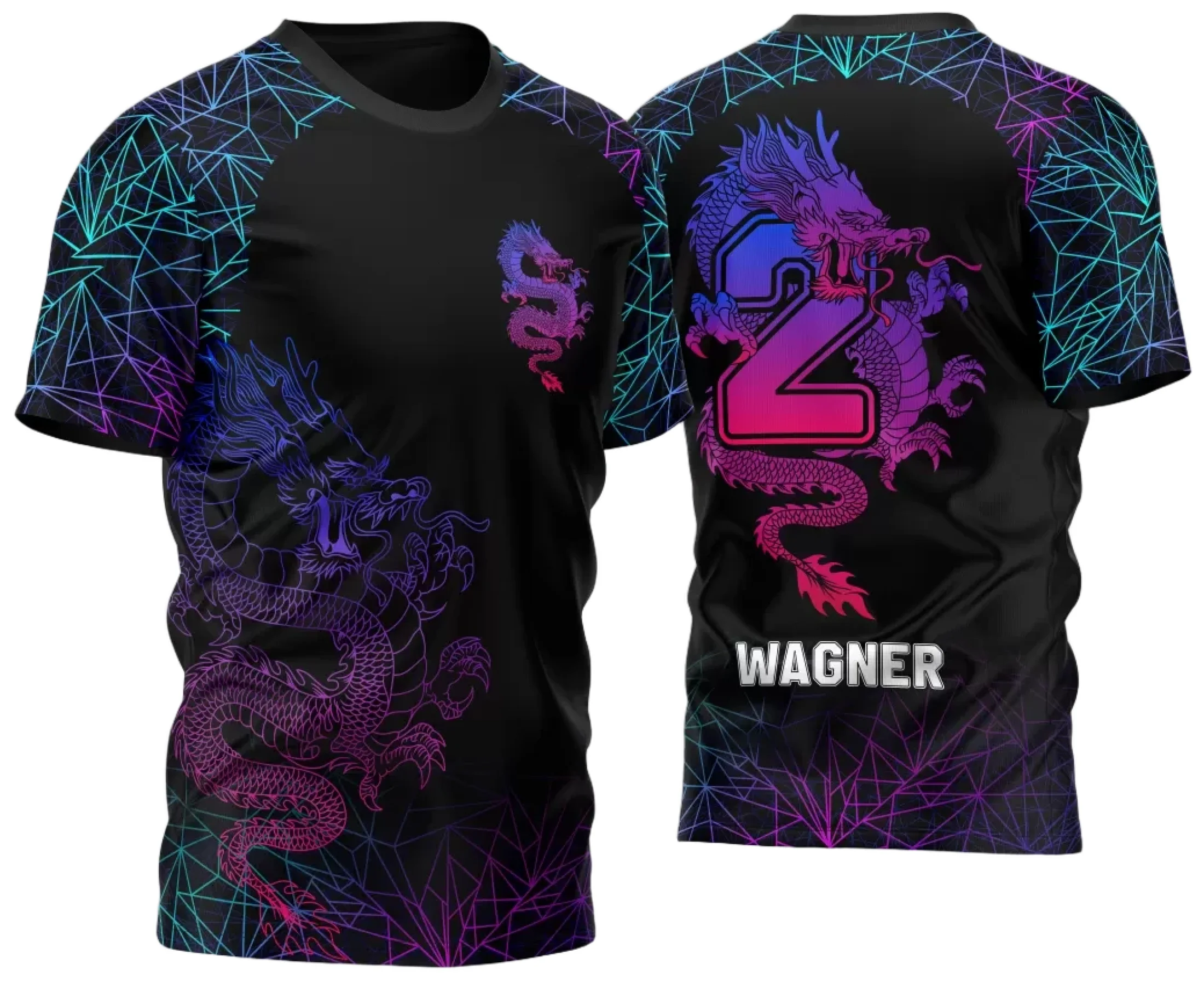 Camiseta unissex preta com logo no peito e estampa grande nas costas inspirada no tema Segundão 2024 Dragão Modelo 01, estilo marcante e moderna para diferentes ocasiões.