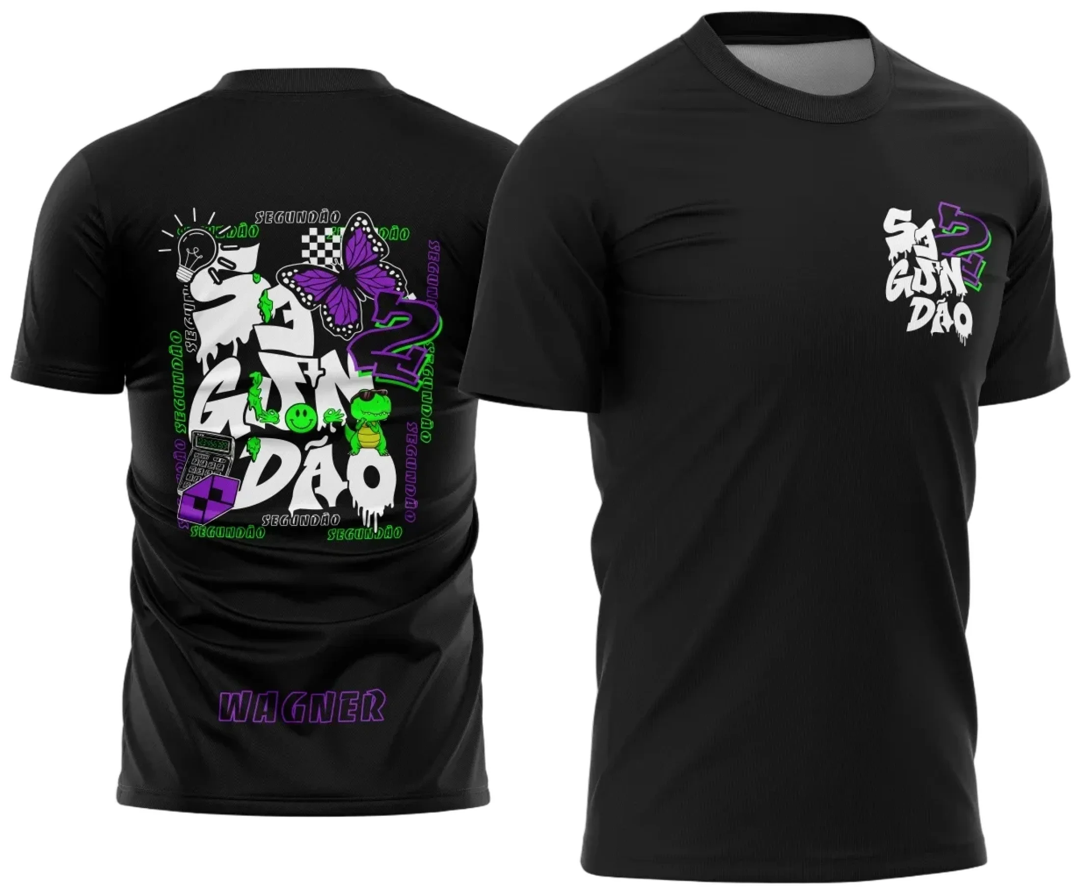 Camiseta unissex preta com logo no peito e estampa grande nas costas com tema Segundão ADM Borboleta, ideal para quem busca estilo único e moderno.