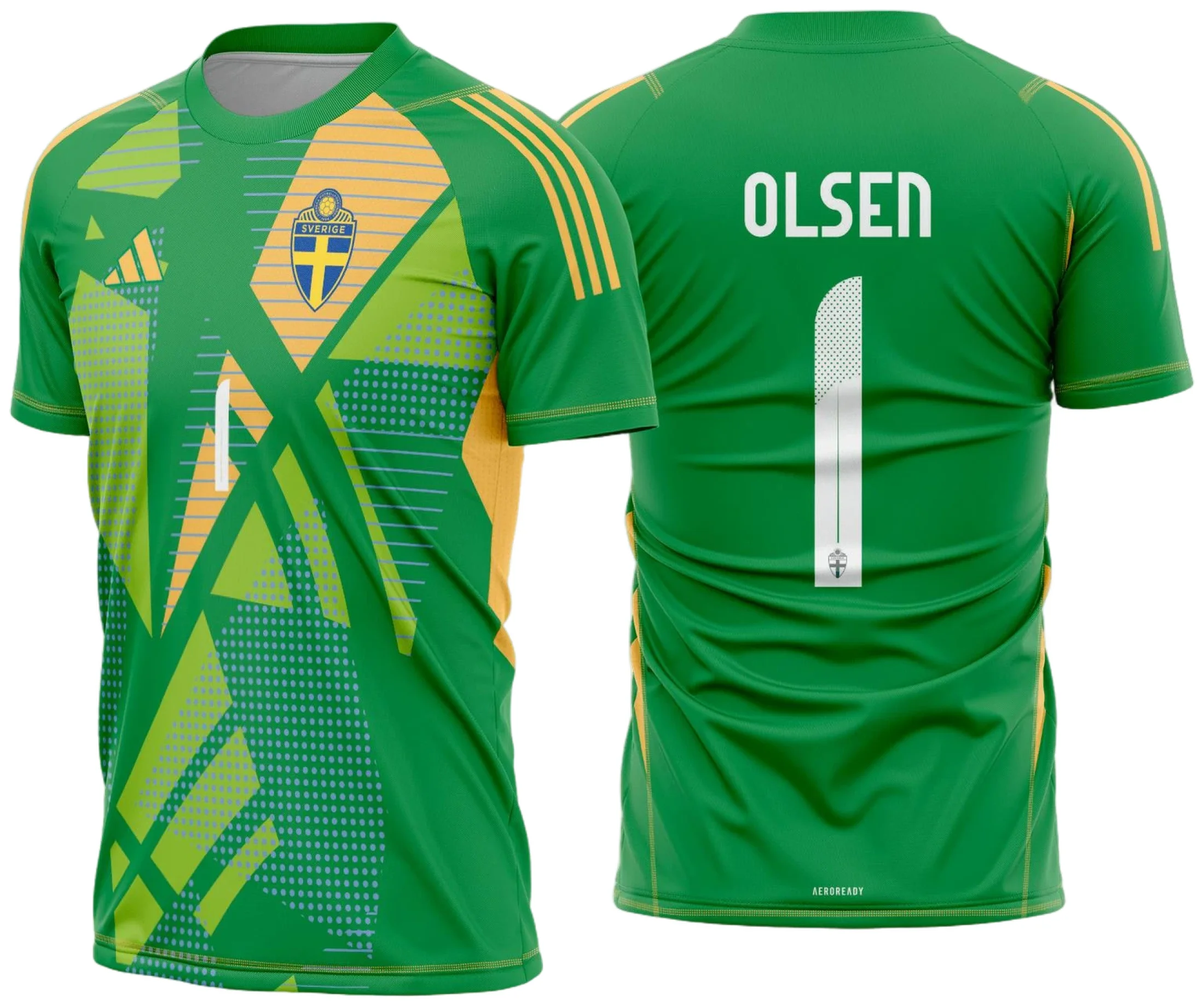 Camiseta unissex preta com logo no peito e estampa grande nas costas do goleiro da seleção Suécia 2024 2025, ideal para fãs e colecionadores.