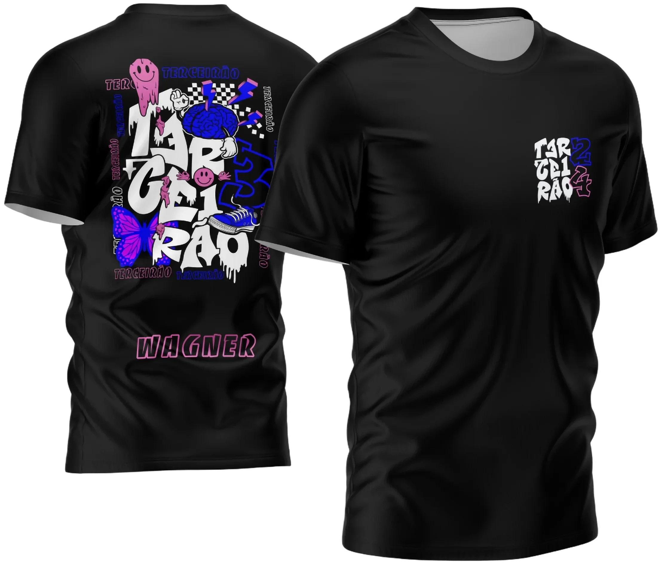 Camisa com logo no peito e estampa grande nas costas mostrando uma borboleta estilizada colorida, ideal para o Terceirão com design vibrante e cheio de vida.