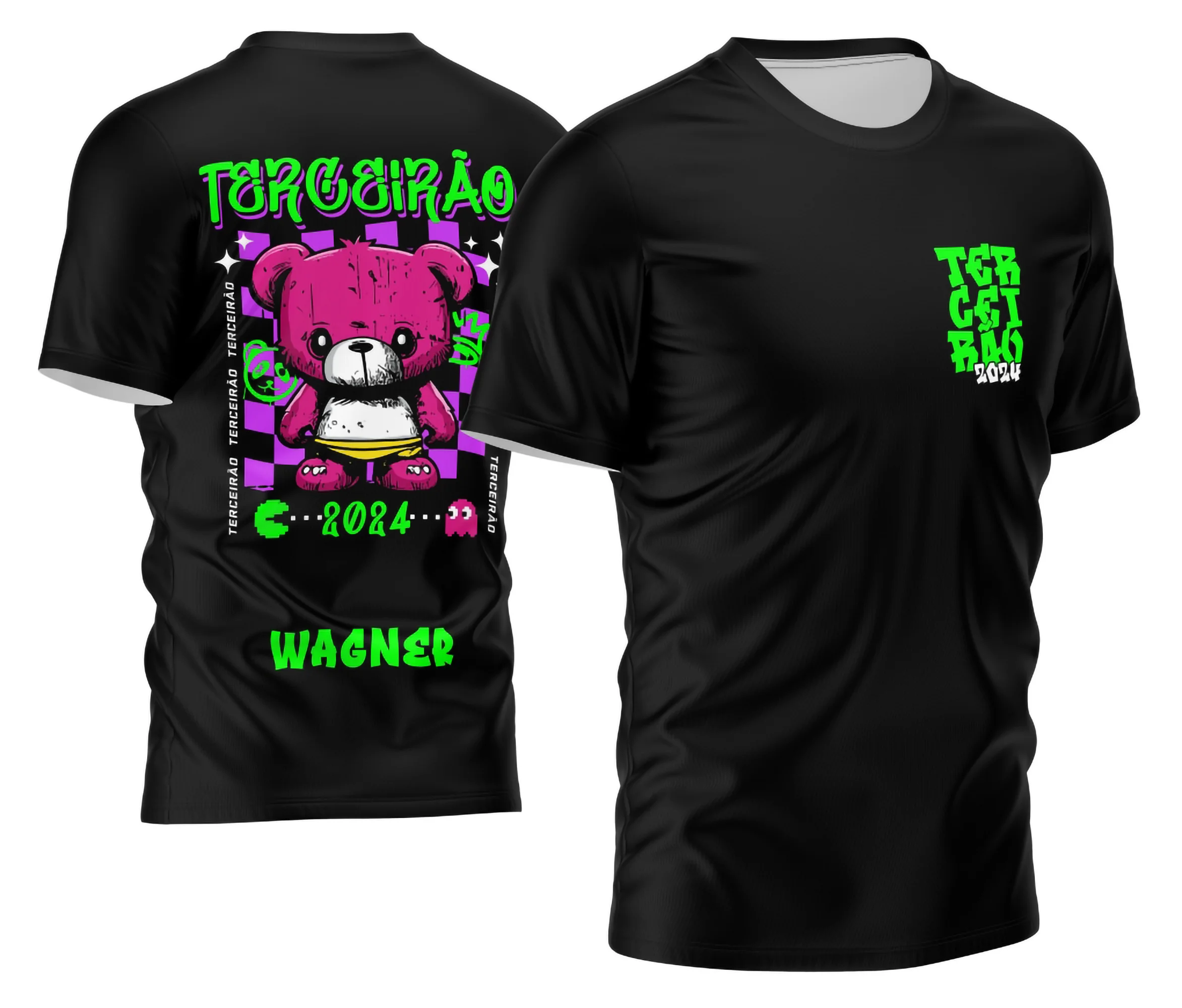 Camisa personalizada com logo no peito e estampa grande nas costas típica do estilo Terceirão, apresentando design marcante e original para a turma comemorar com estilo único.