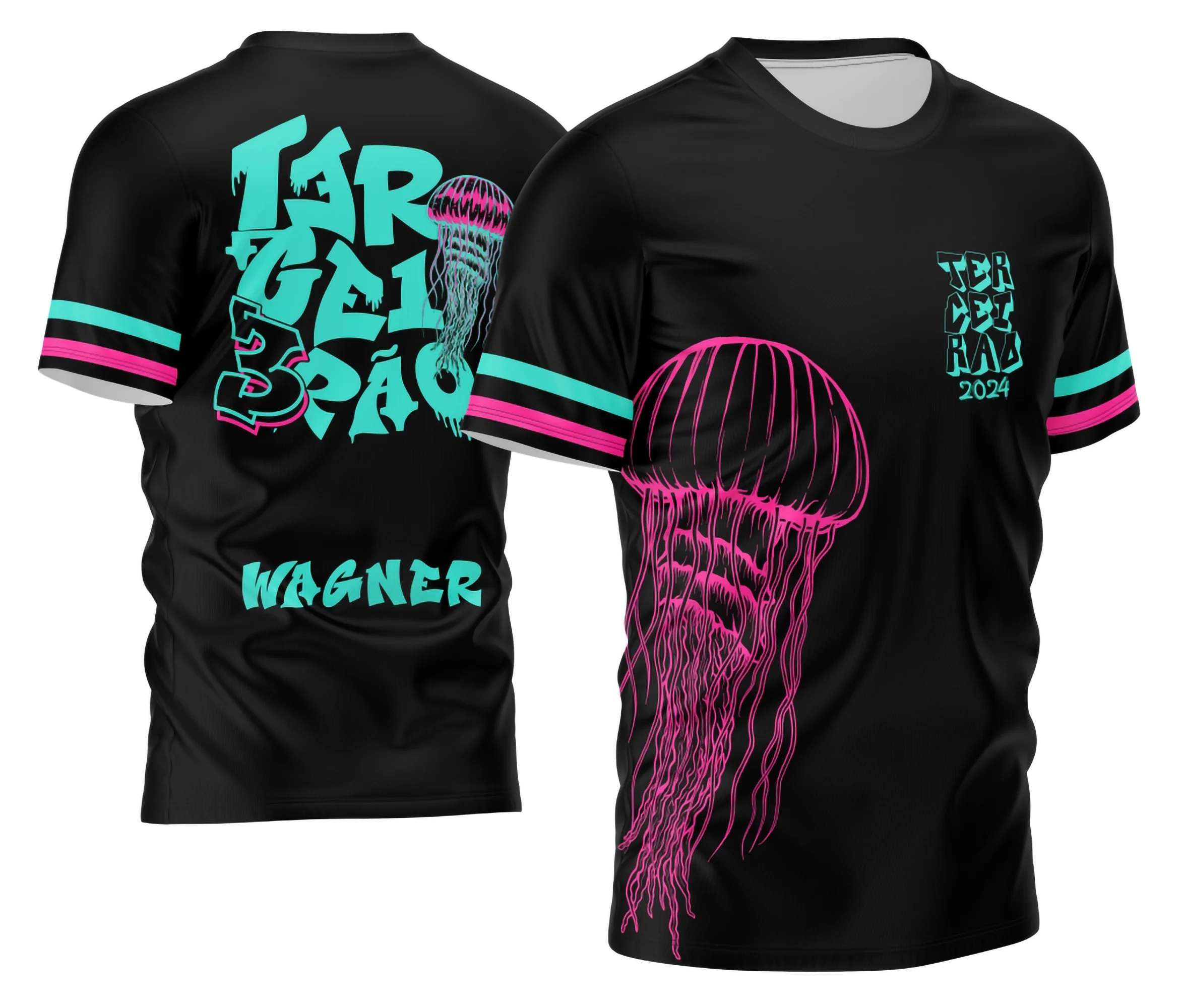 Camisa Terceirão Água Viva com logo no peito destacando a identidade da turma e estampa grande nas costas que mostra símbolos vibrantes e coloridos representando a energia e união dos alunos.