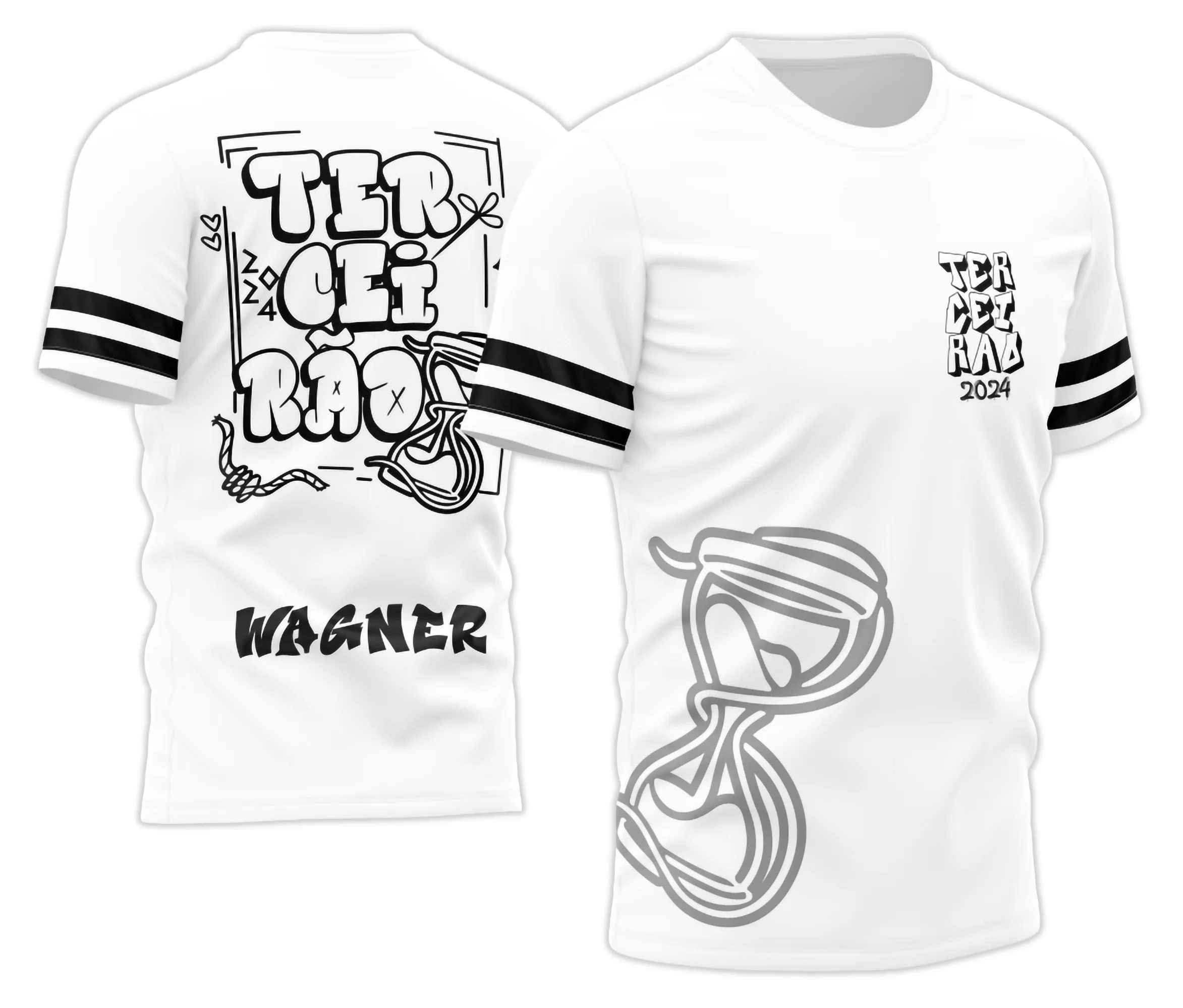 Camisa Terceirão com logo no peito e estampa grande nas costas em estilo ampulheta, design moderno e marcante para o grupo da turma.