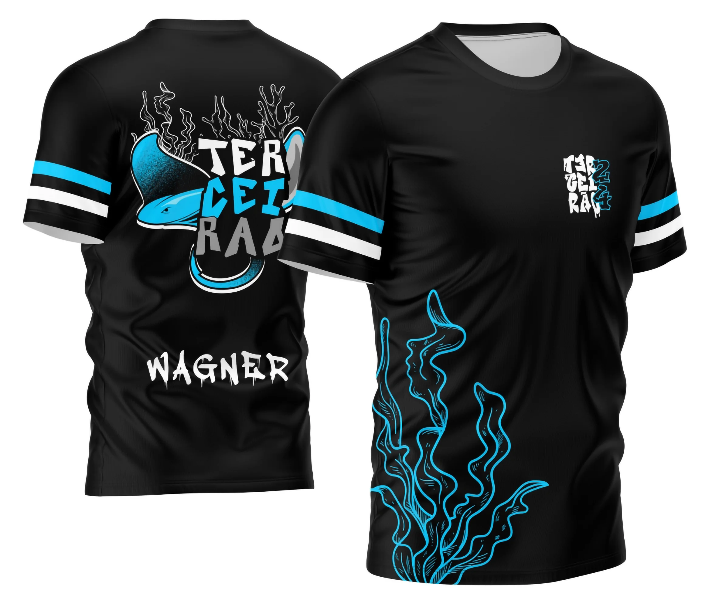 Camiseta unissex preta com logo no peito e estampa grande nas costas do Terceirão Arraia do Mar, perfeita para confraternizações e eventos escolares.