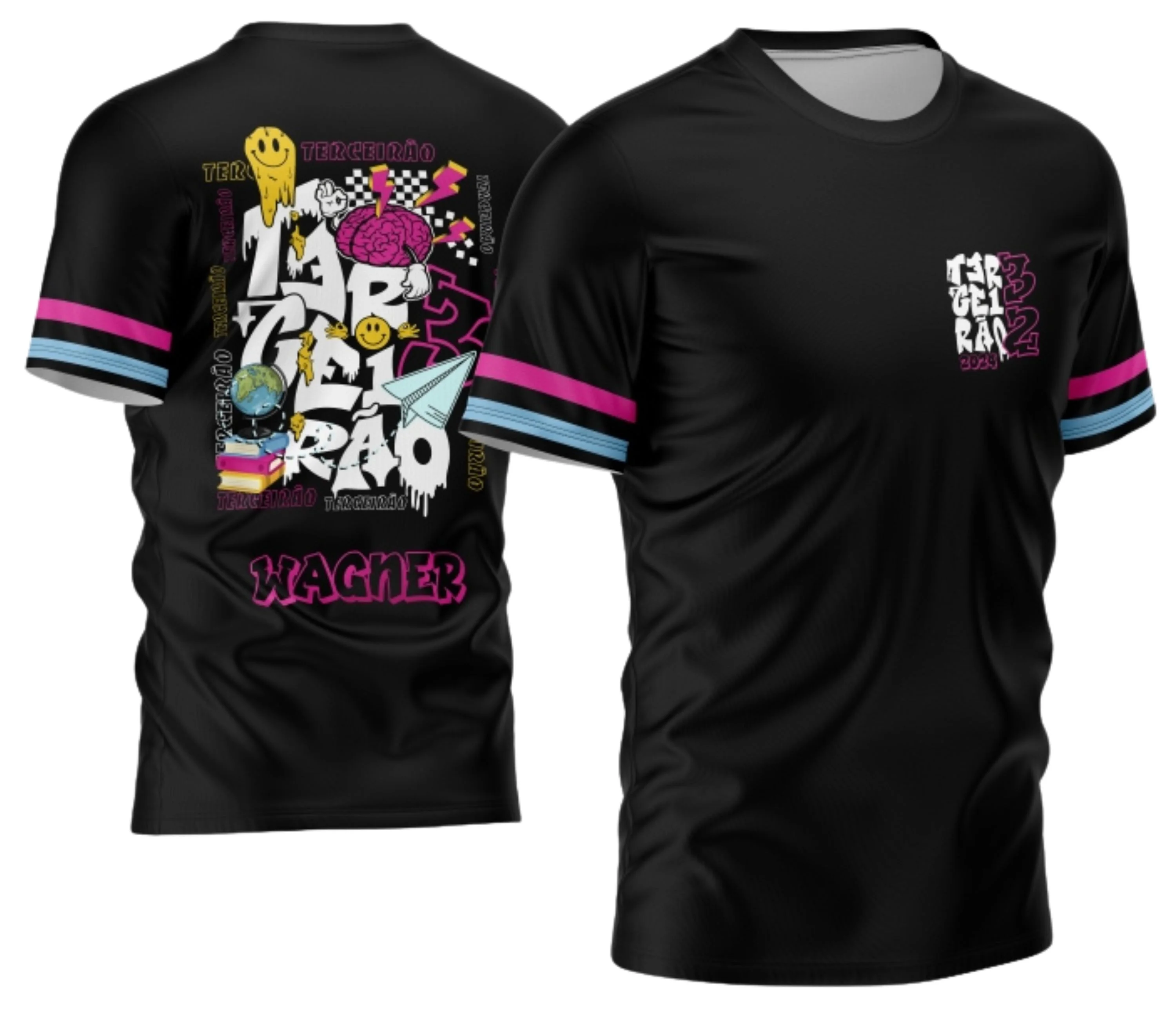 Foto da camisa com logo no peito e estampa grande nas costas mostrando um avião estilizado, design moderno e vibrante, perfeito para marcar momentos inesquecíveis do Terceirão.