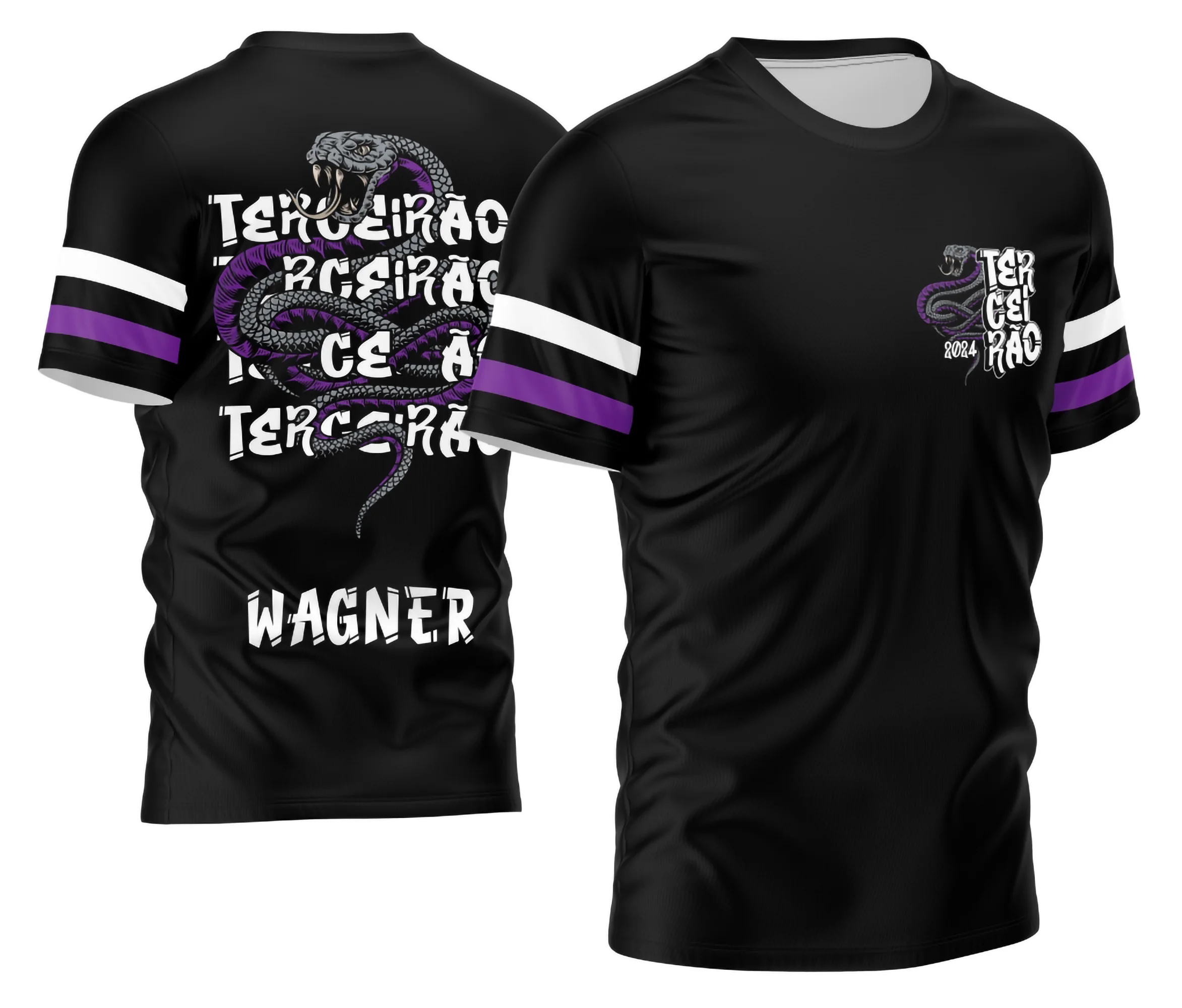 Camiseta unissex preta com logo no peito e estampa grande nas costas com tema Terceirão Cobra, ideal para estudantes que querem estilo e identidade única.