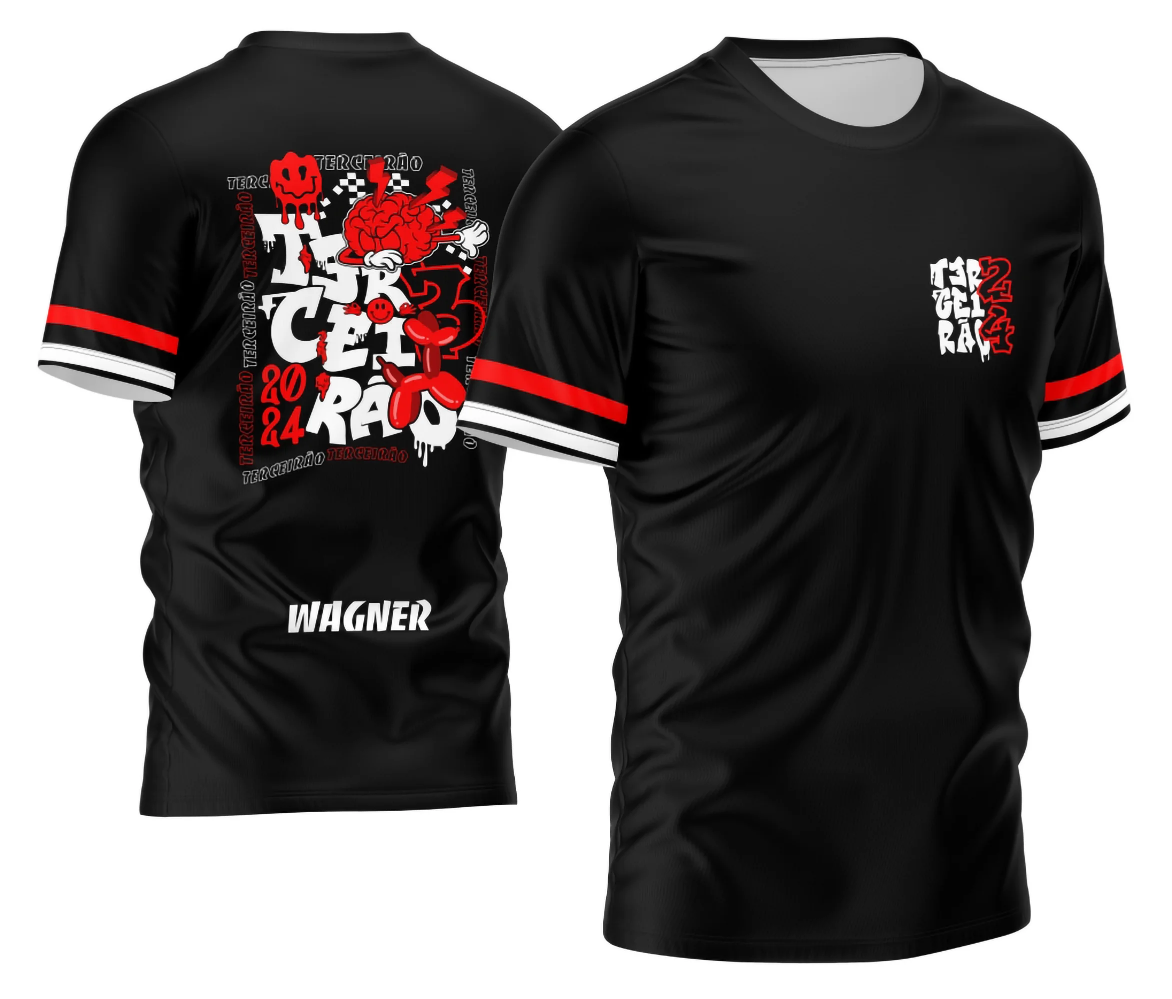 Camisa com logo no peito apresentando design moderno de dog com balão, e estampa grande nas costas com cores vibrantes que destacam a personalidade alegre e descolada do Terceirão.