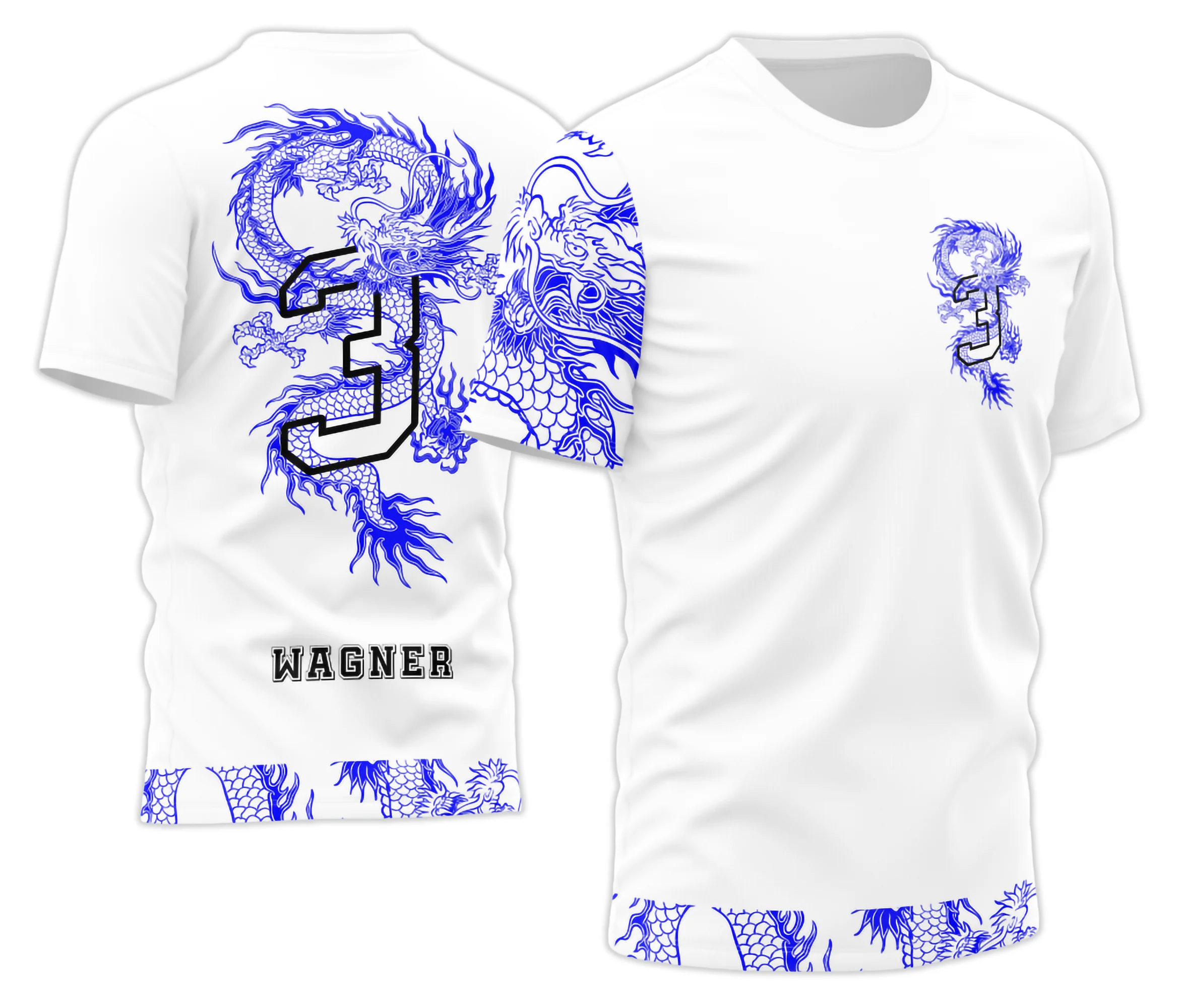 Camisa com logo no peito e estampa grande nas costas apresentando um dragão imponente em cores vibrantes, estilo jovem e moderno, perfeita para destacar o espírito do Terceirão.