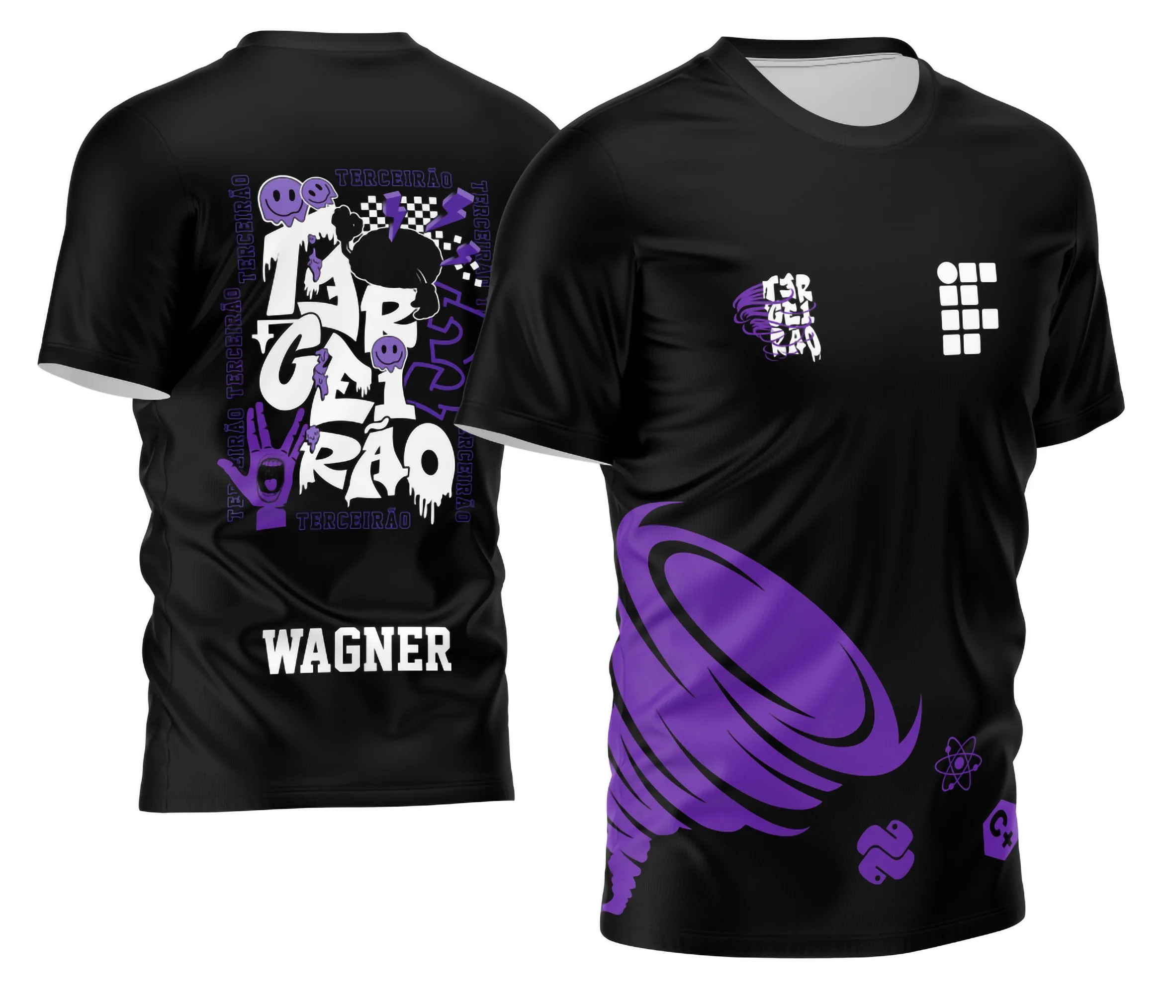 Foto do produto mostrando uma camisa com logo no peito e estampa grande nas costas homenageando o Terceirão 2026 Furacão, com design moderno e cores vibrantes