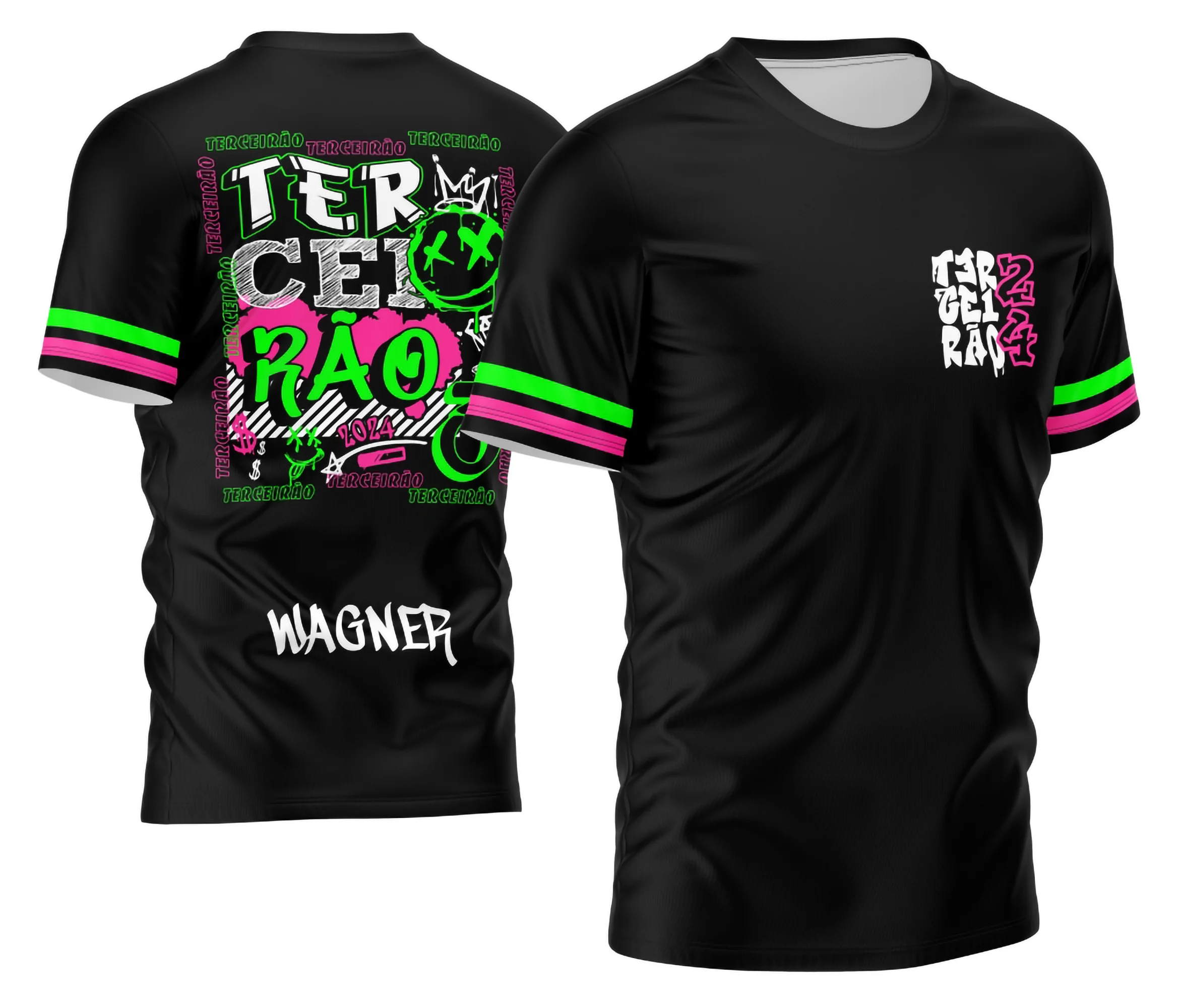 Camisa com logo no peito e estampa grande nas costas em estilo grafite moderno, unindo cores vibrantes e elementos urbanos para destacar a personalidade única dos estudantes do terceirão.