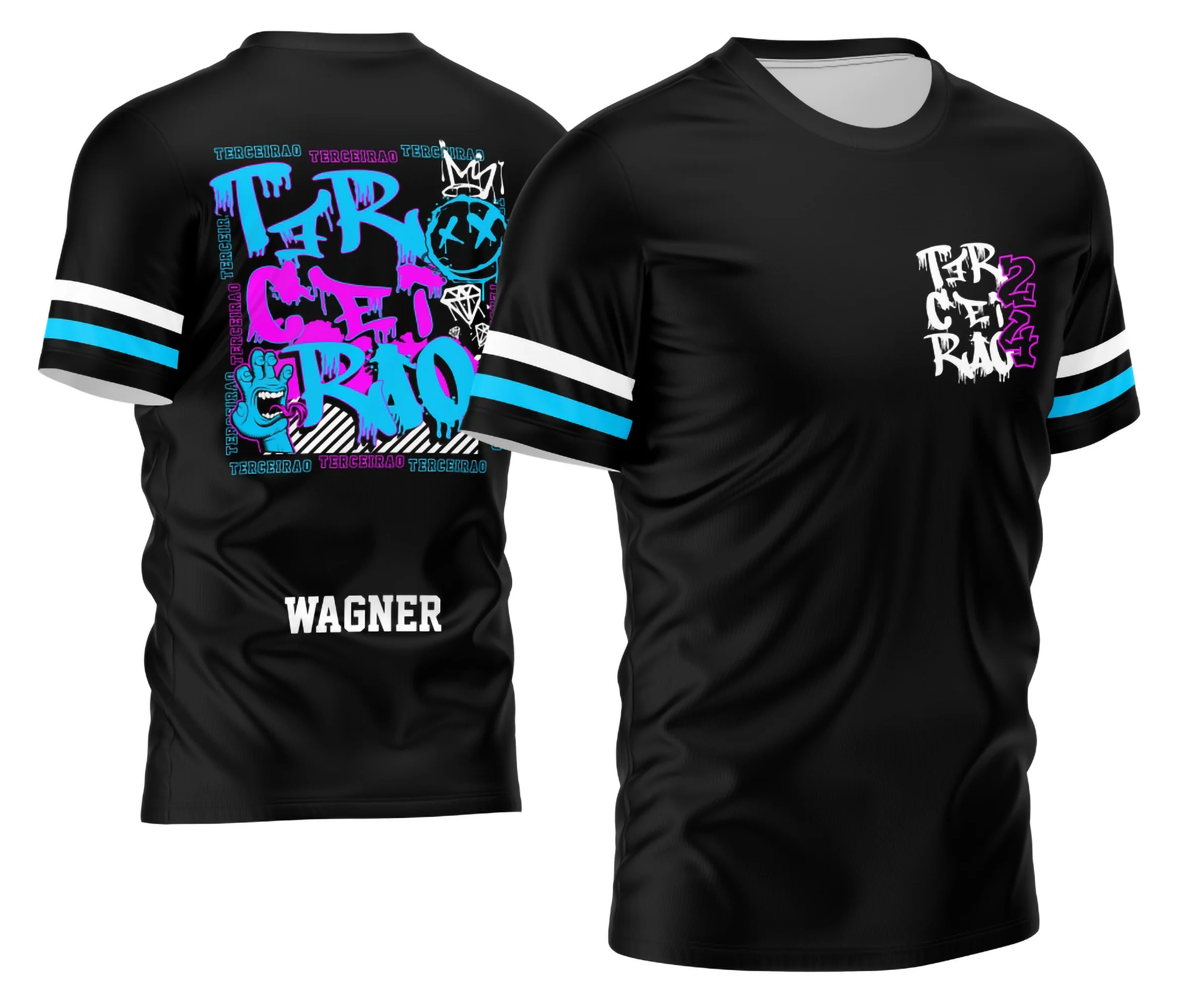 Camisa com logo no peito e estampa grande nas costas em estilo grafite moderno, apresentando um design vibrante e cheio de atitude para alunos do terceirão com um visual urbano marcante.