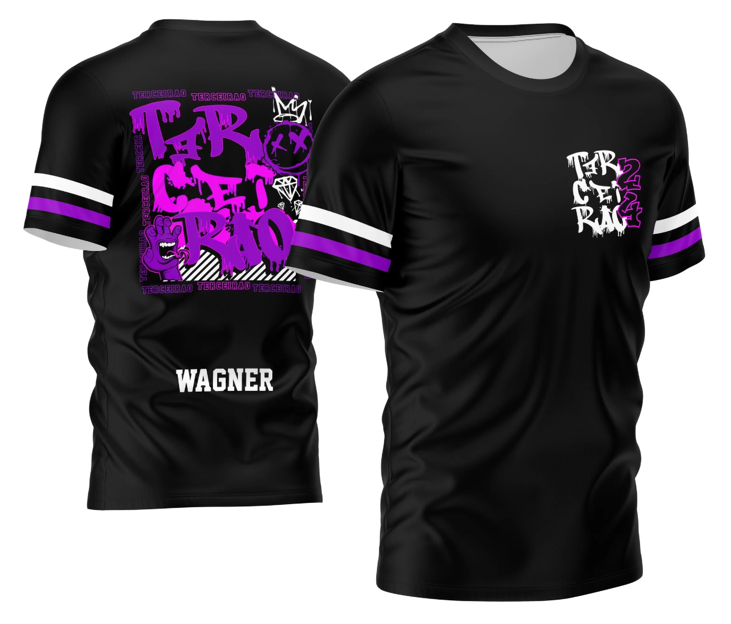 Camisa do Terceirão com logo discreto no peito e estampa grande e vibrante nas costas em estilo graffiti colorido e moderno, perfeita para destacar a turma com atitude única e visual descolado.