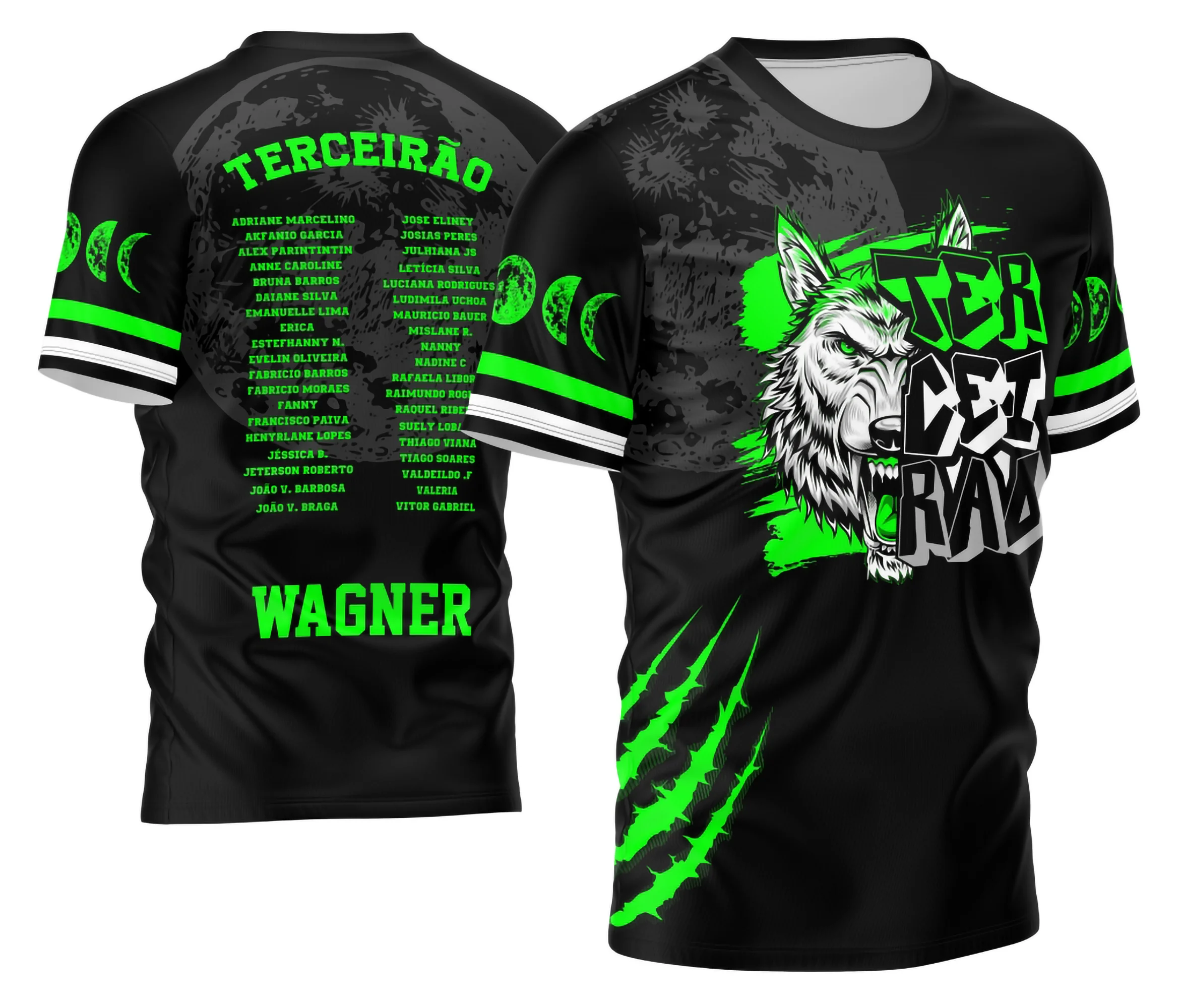 Camiseta unissex preta com logo no peito e estampa grande nas costas inspirada no Terceirão 2026 Lobo Branco, design moderno e estiloso para jovens celebrando sua turma.