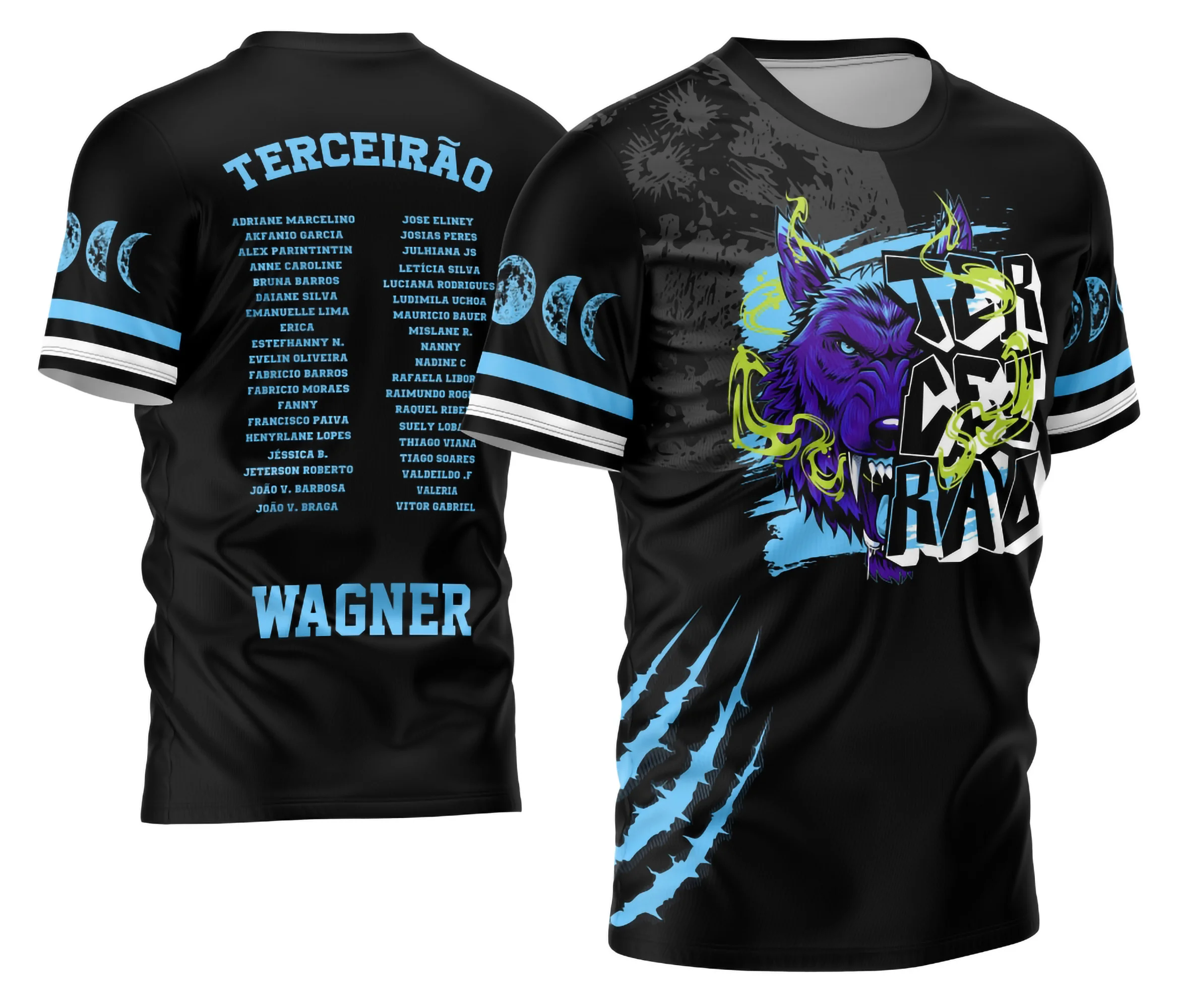Camisa com logo no peito destacando o símbolo do Lobo da Lua e estampa grande nas costas com design impactante e cheio de personalidade para o Terceirão.