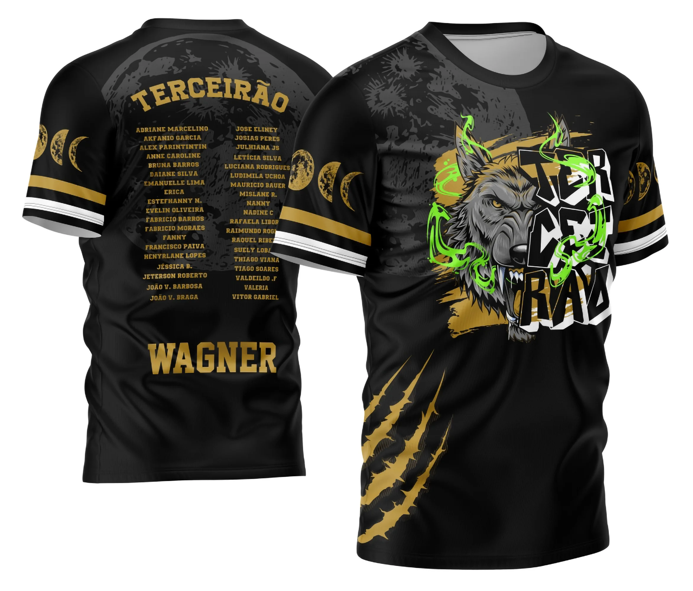 Camisa com logo no peito e estampa grande nas costas mostrando o Lobo da Lua em estilo ousado e moderno, perfeita para grupos de Terceirão que querem marcar essa etapa com personalidade única.