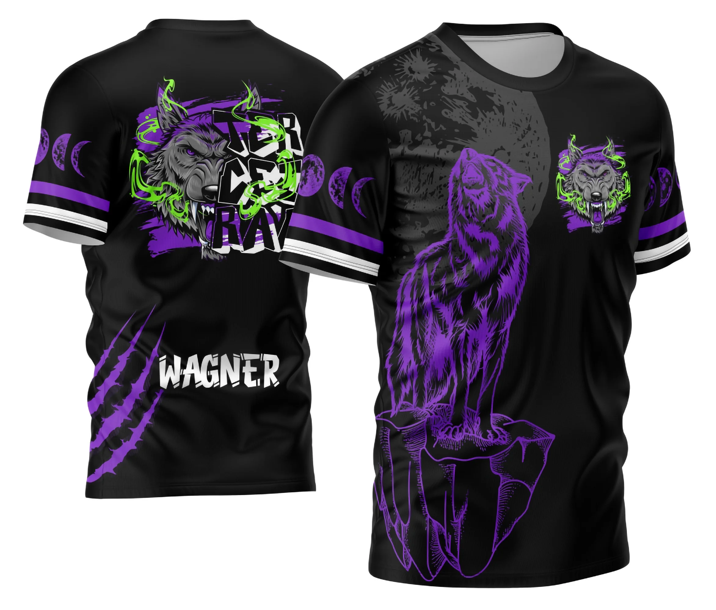 Camisa com logo no peito e estampa grande nas costas apresentando um design impactante com o Lobo da Lua, perfeita para celebrar a turma do Terceirão com estilo e personalidade marcante.