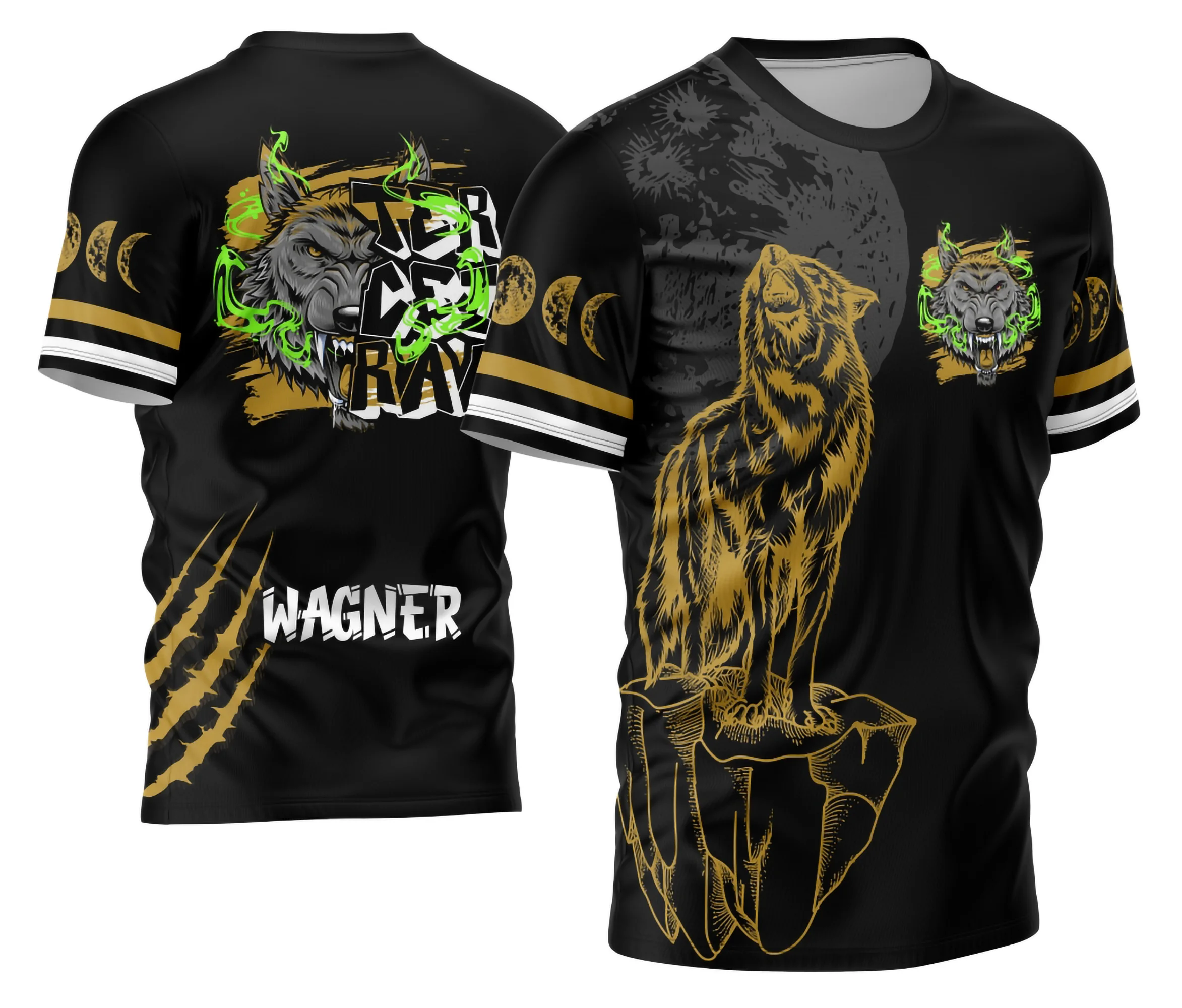 Camisa final com logo no peito e estampa grande nas costas apresentando um lobo da lua em estilo moderno e impactante, perfeito para o Terceirão com design marcante e visual diferenciado.