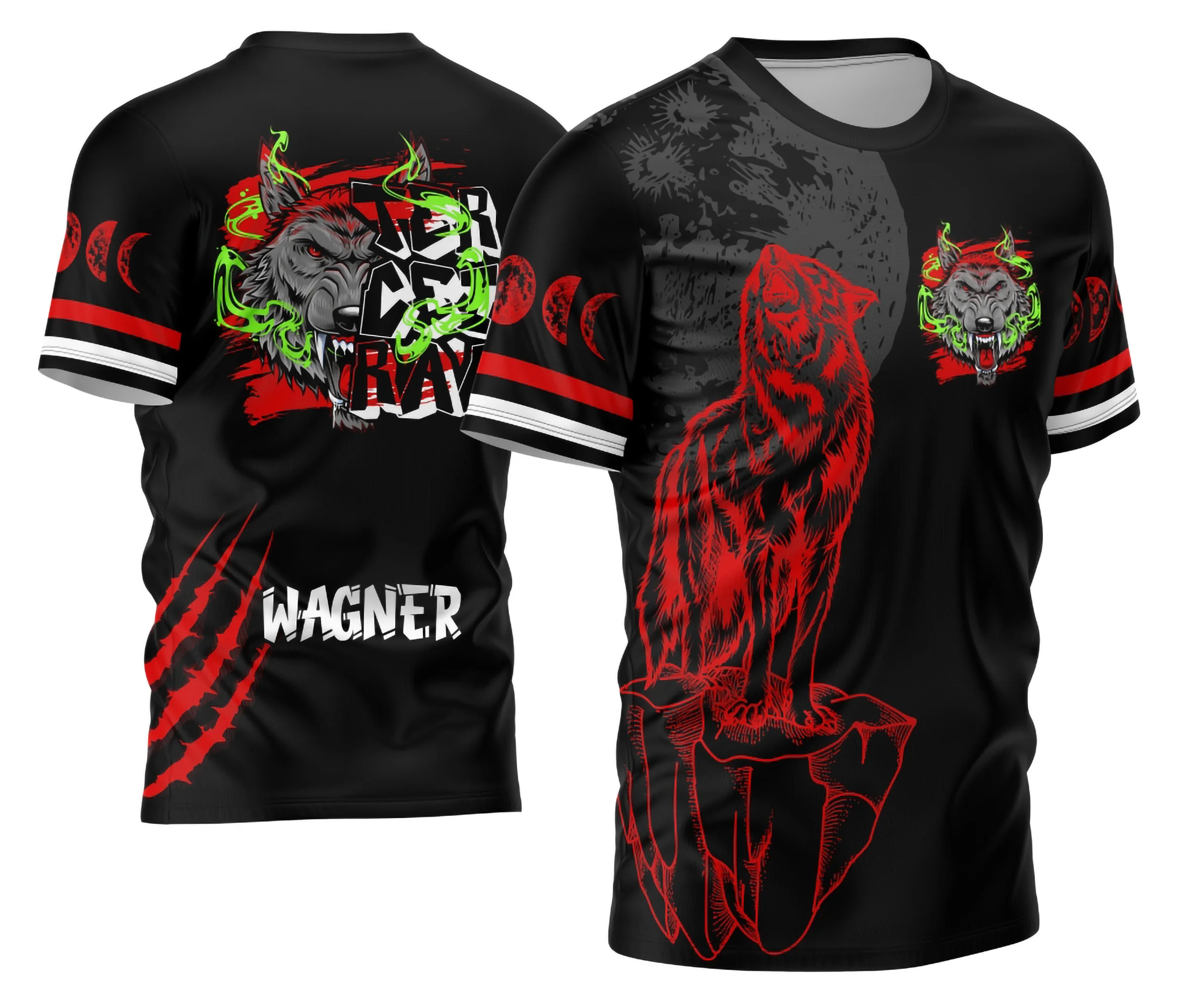 Foto da camisa do Terceirão com logo no peito e estampa grande nas costas mostrando um lobo estilizado sob a lua cheia, ideal para destacar a turma com personalidade e estilo marcante.