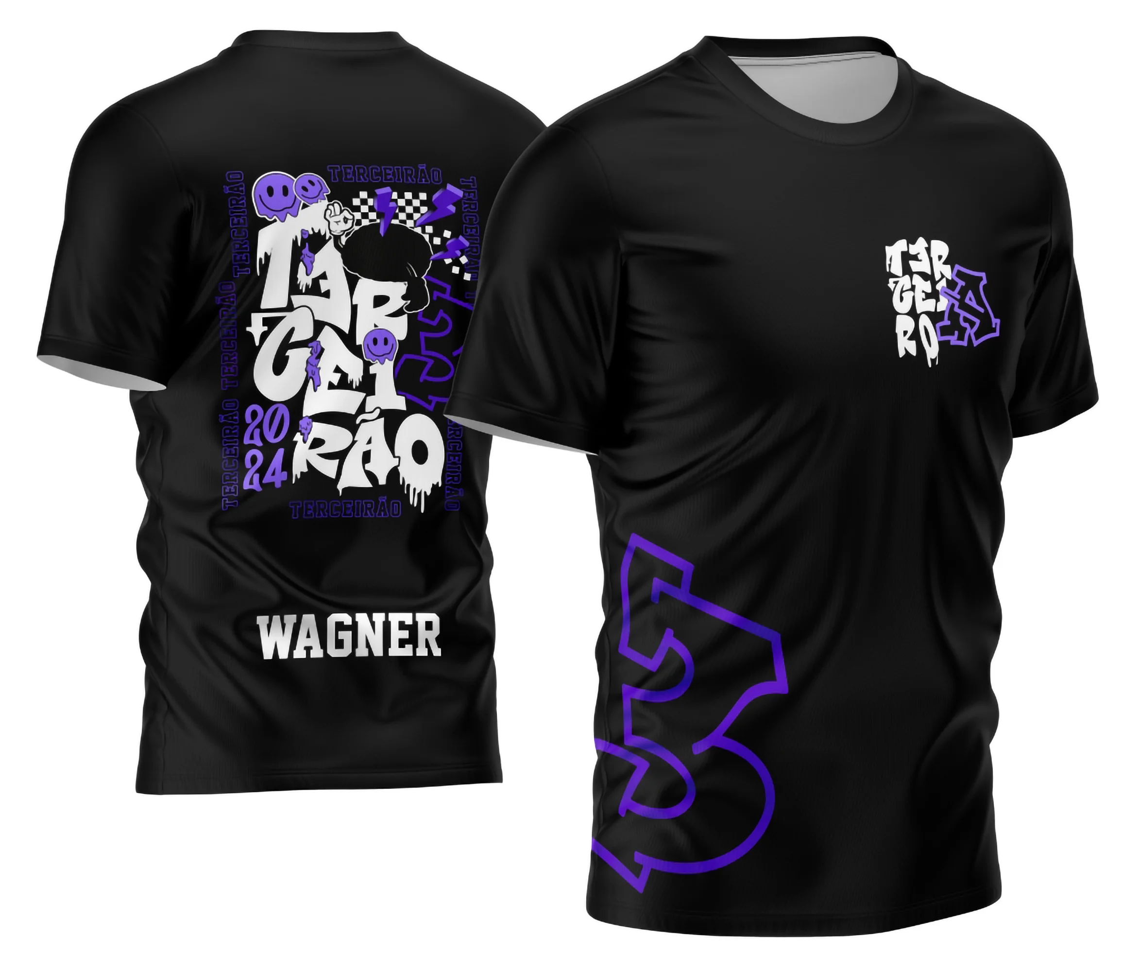 Camisa com logo no peito e estampa grande nas costas mostrando um design criativo e exclusivo para a turma do terceirão com detalhe estilizado da mão em destaque