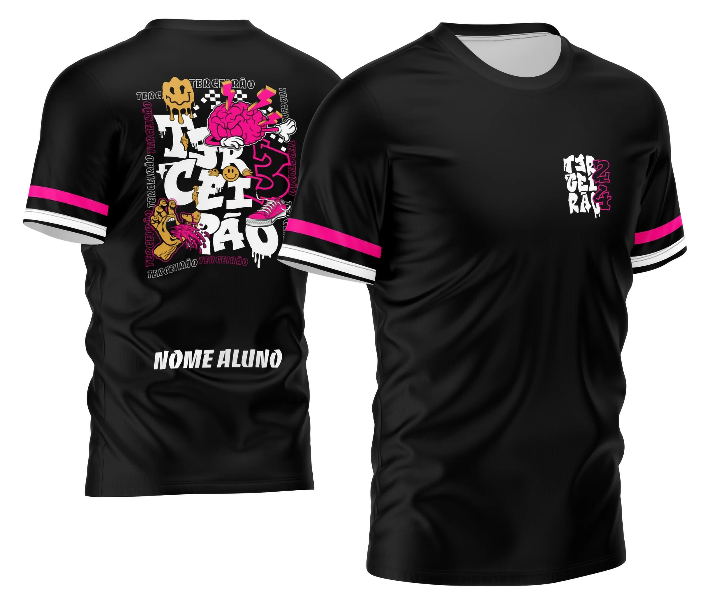 Camisa com logo no peito e estampa grande nas costas em estilo mão segurando tênis, ideal para turma do Terceirão com design moderno e vibrante que destaca originalidade e espírito jovem.