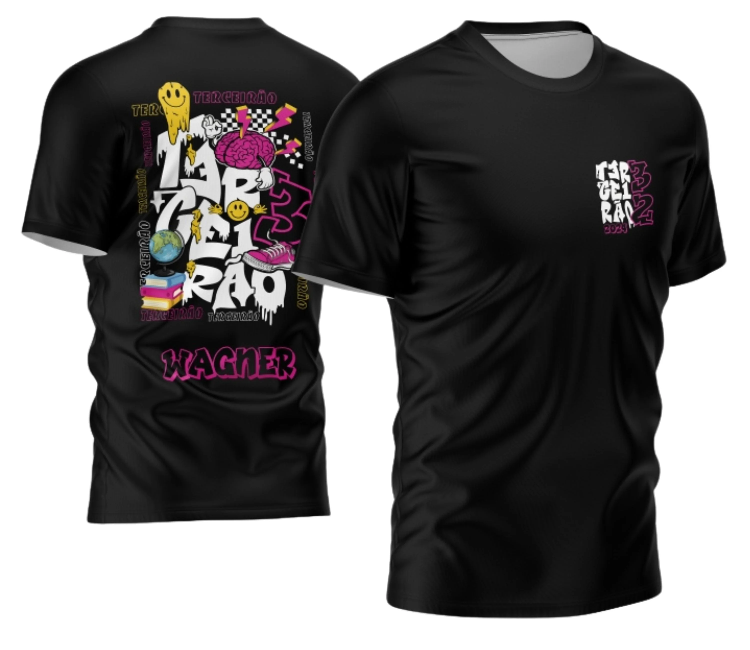 Camisa Terceirão com logo no peito e estampa grande nas costas mostrando um mapa do mundo com design moderno e estilo clássico, ideal para celebrar a turma com estilo e personalidade.