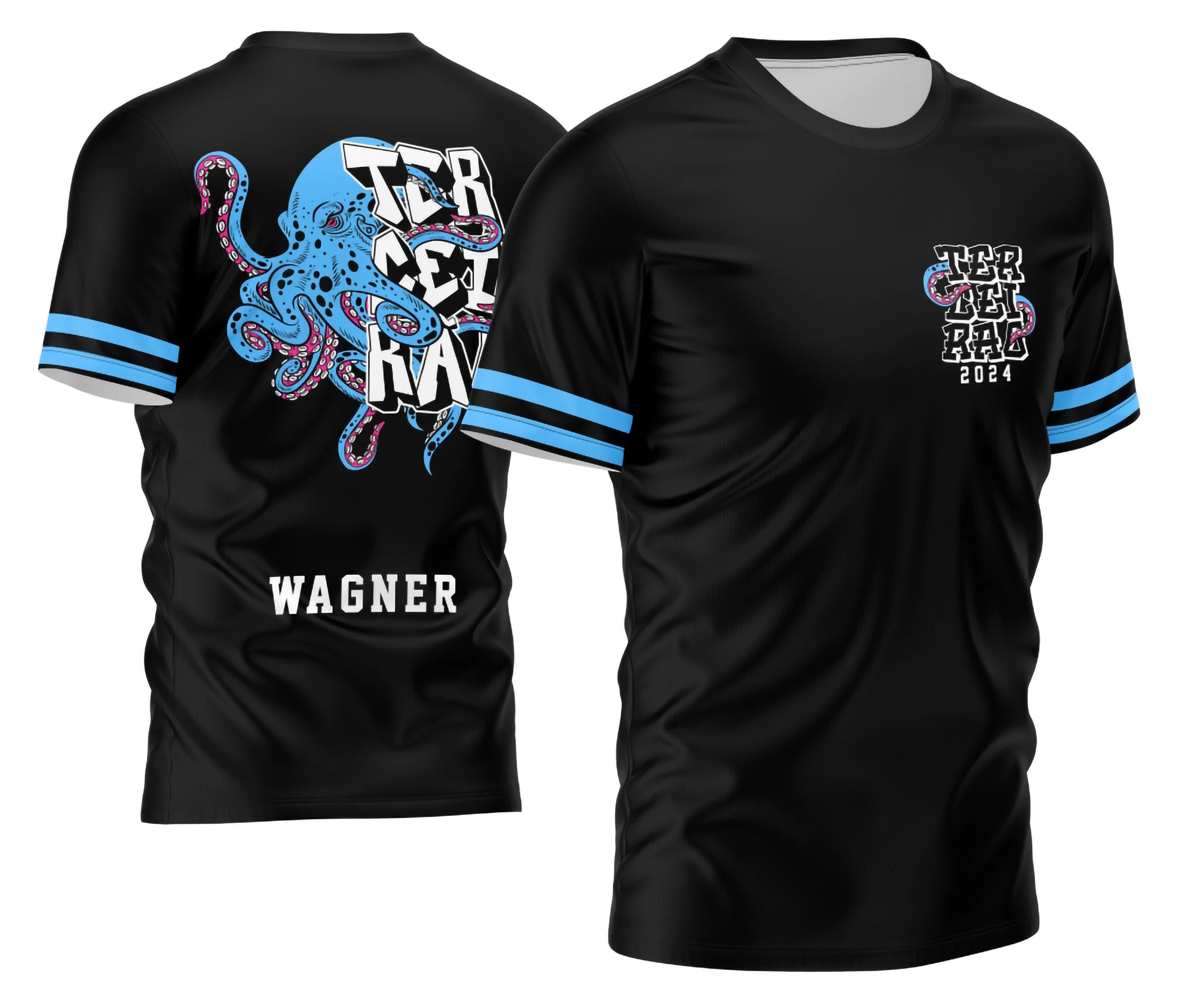 Camisa do Terceirão 2026 com logo no peito e uma estampa grande nas costas que mostra um polvo estilizado em cores vibrantes, perfeita para celebrar a turma com estilo e personalidade marcante.