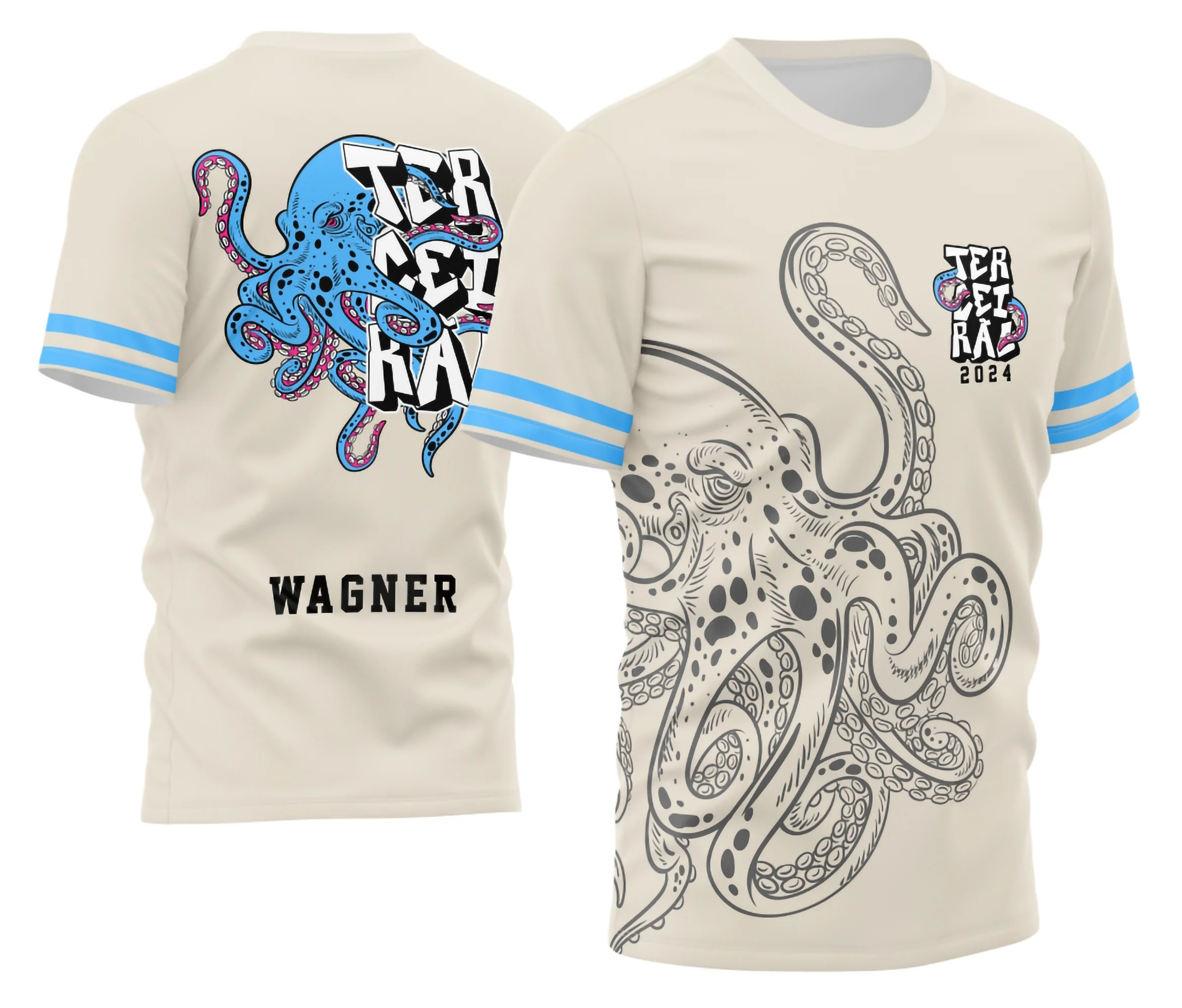 Camisa do Terceirão 2026 com logo no peito e estampa grande nas costas mostrando um polvo estilizado, ideal para marcar essa fase especial com design moderno e chamativo.