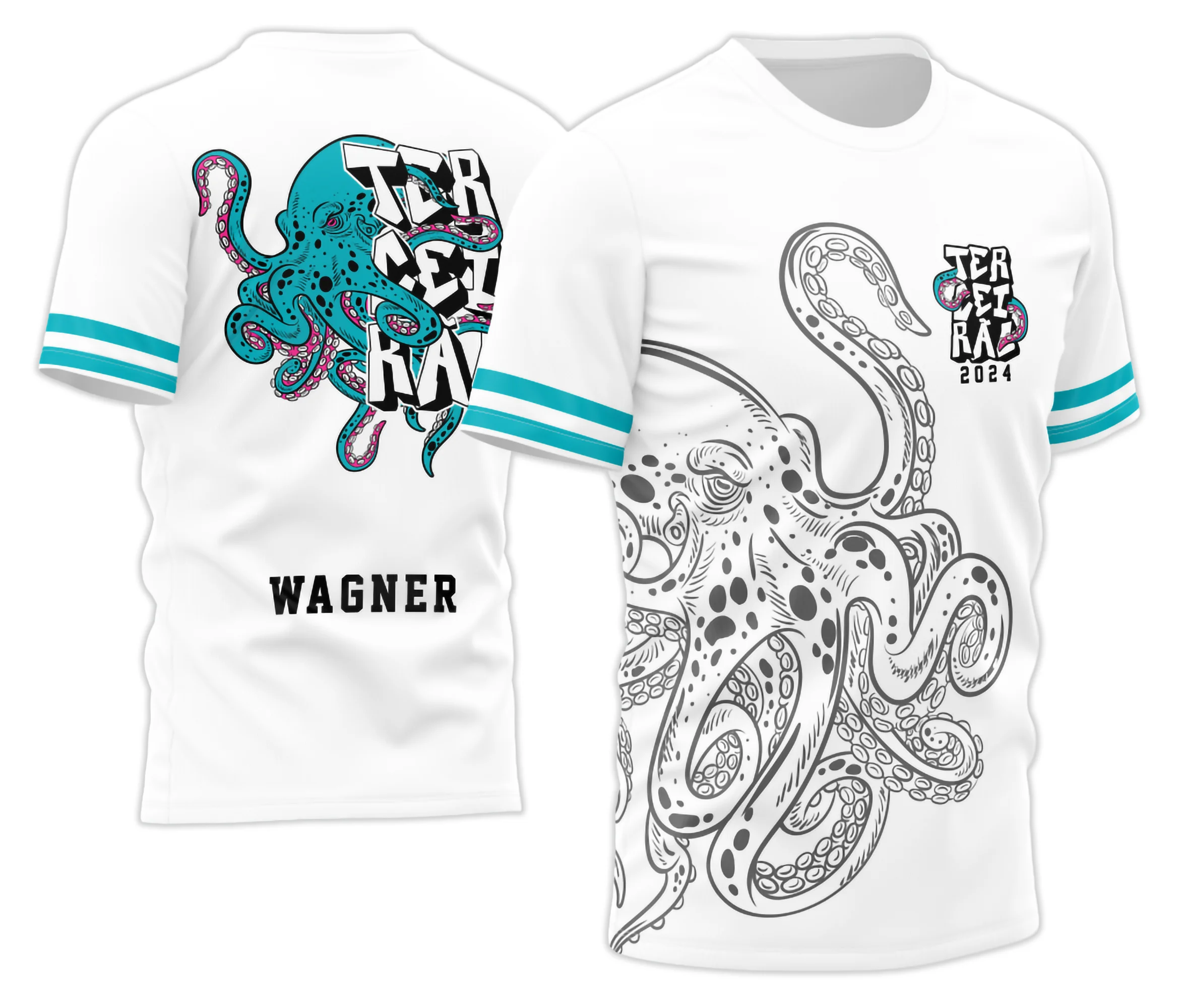 Foto da camisa personalizada do Terceirão 2026 com logo no peito e estampa grande nas costas mostrando um polvo criativo em destaque, cores vibrantes e design moderno que destaca a turma com estilo único