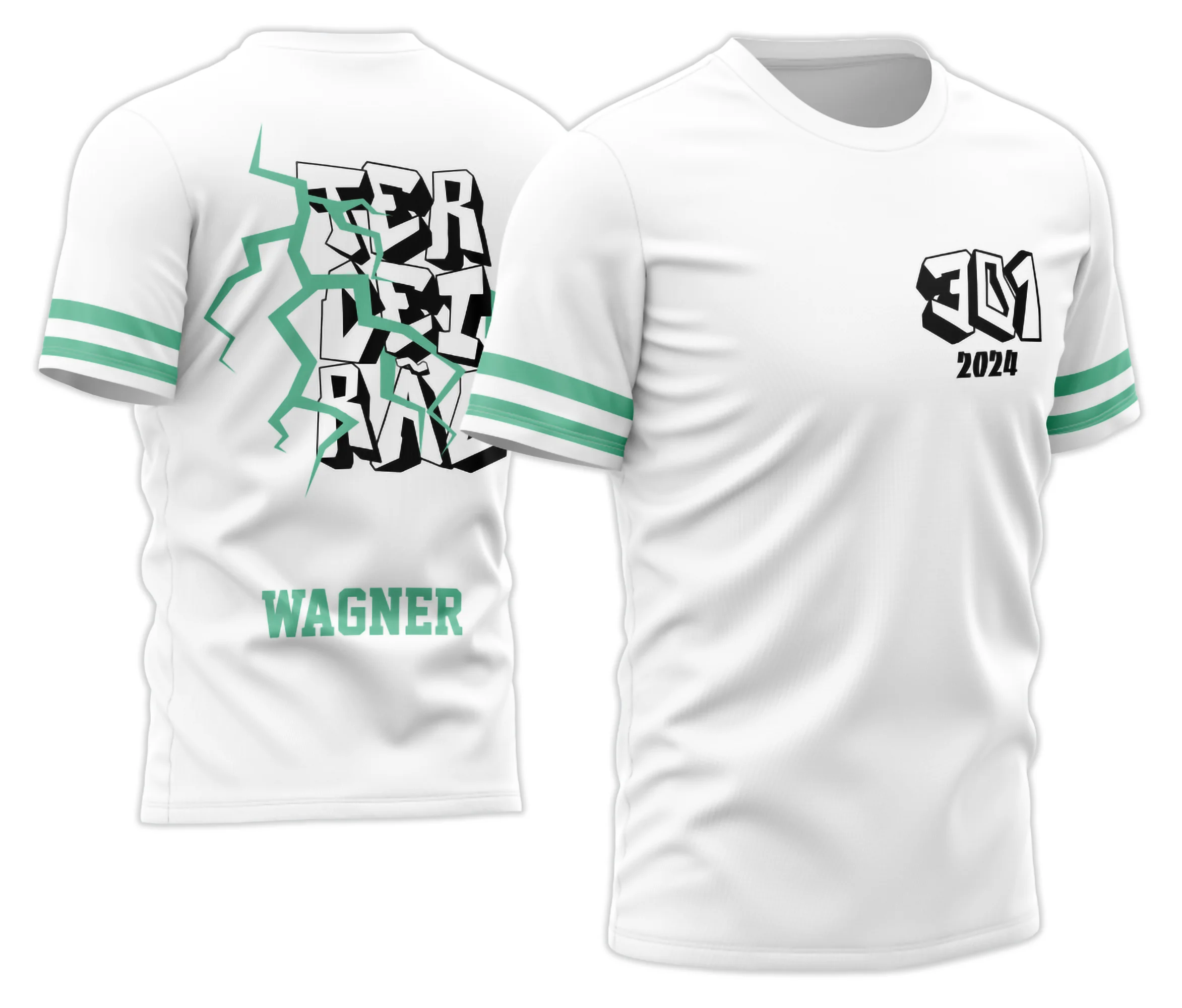 Camisa branca com logo no peito e estampa grande nas costas exibindo um forte raio estilizado, ideal para destacar o espírito do Terceirão com design moderno e marcante.