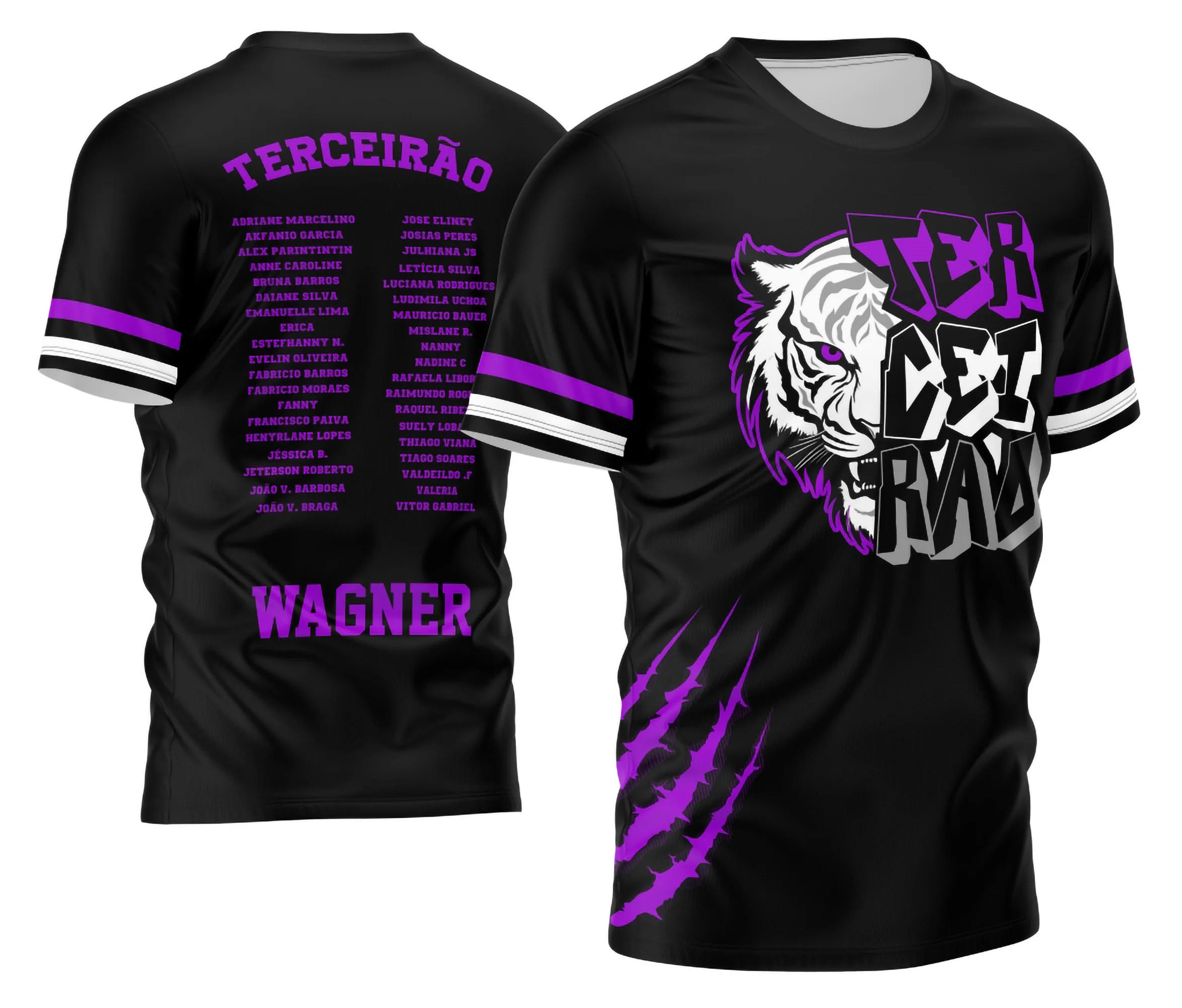 Camisa final com logo no peito e estampa grande nas costas mostrando um tigre branco estilizado em destaque, perfeita para grupos do terceirão que querem exibir força e união com design moderno.