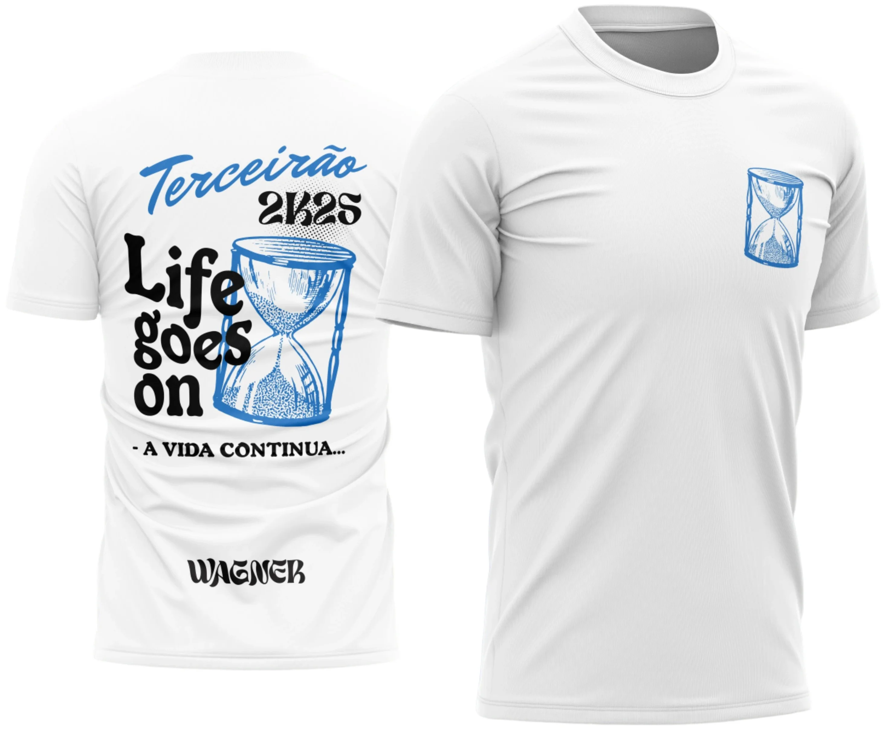 Camisa terceirão com logo no peito e estampa grande nas costas estilo ampulheta com tema A Vida Continua, ideal para celebrar a turma com visual único e marcante.