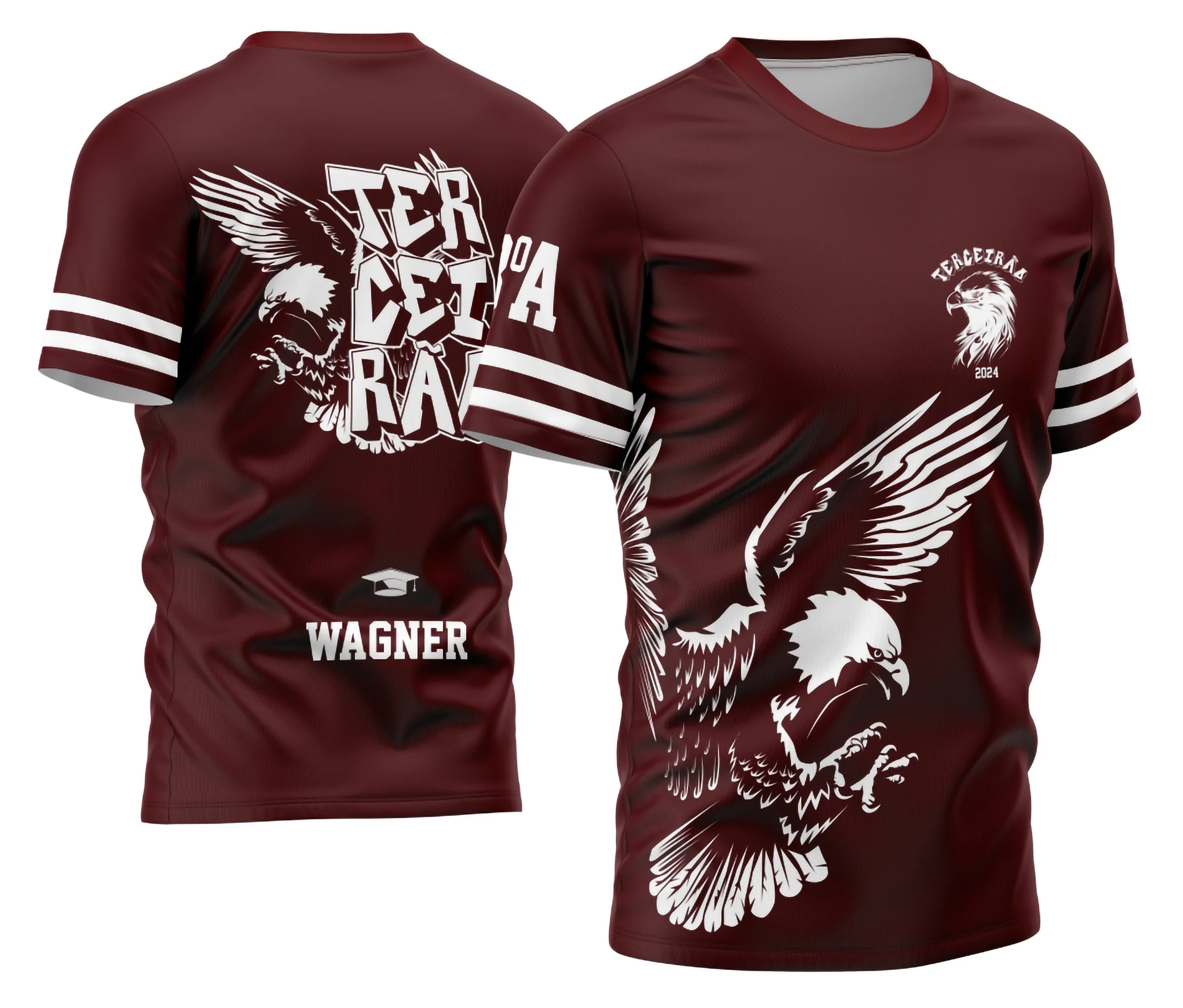 Camisa com logo no peito e estampa grande nas costas, exibindo uma águia estilizada e detalhes vibrantes para turma do Terceirão 2026, perfeita para destacar a identidade da turma em eventos e confraternizações.