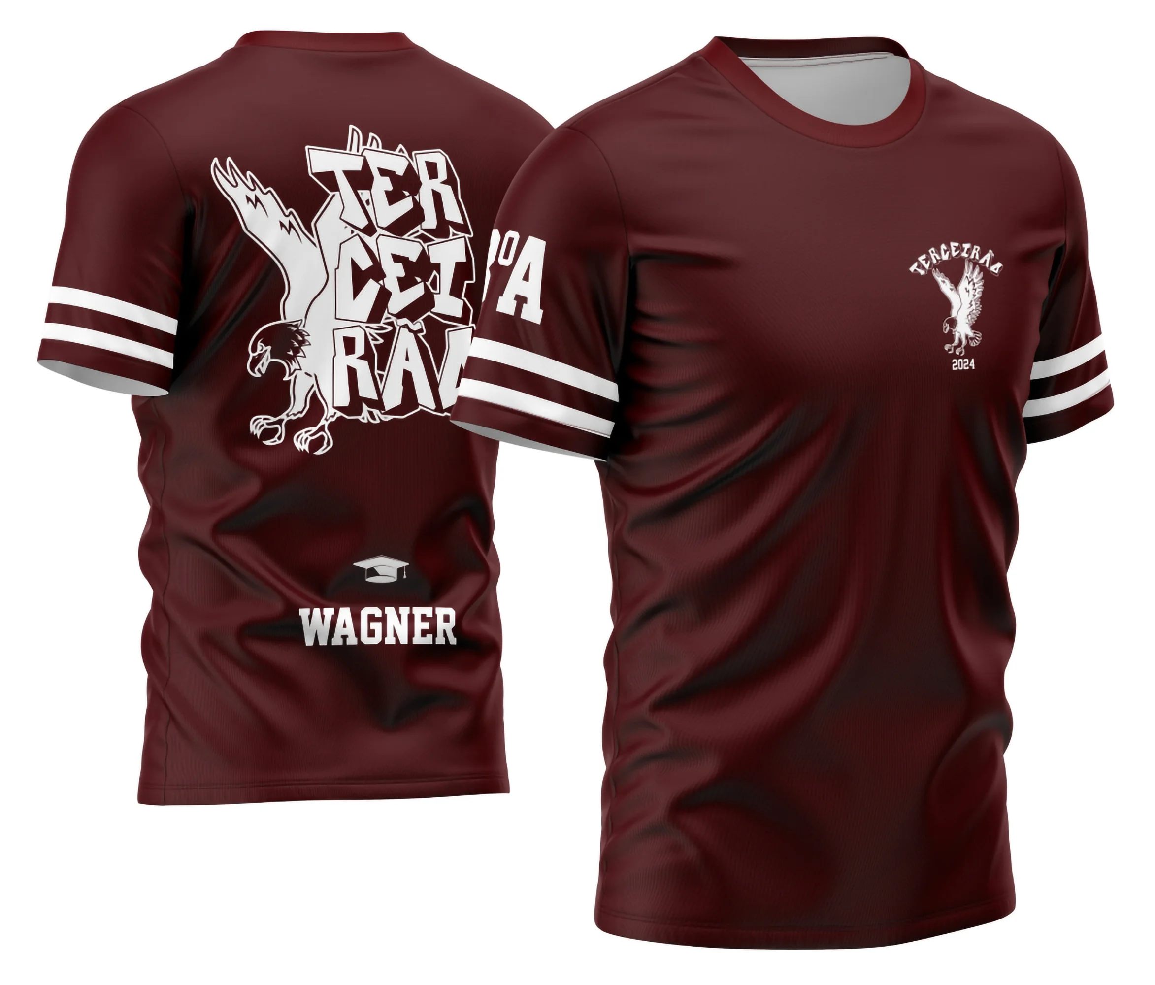 Camisa com logo no peito vibrante e estampa grande nas costas mostrando uma águia estilizada em destaque, perfeitas cores que atraem todos os olhares e deixam seu Terceirão 2026 memorável.