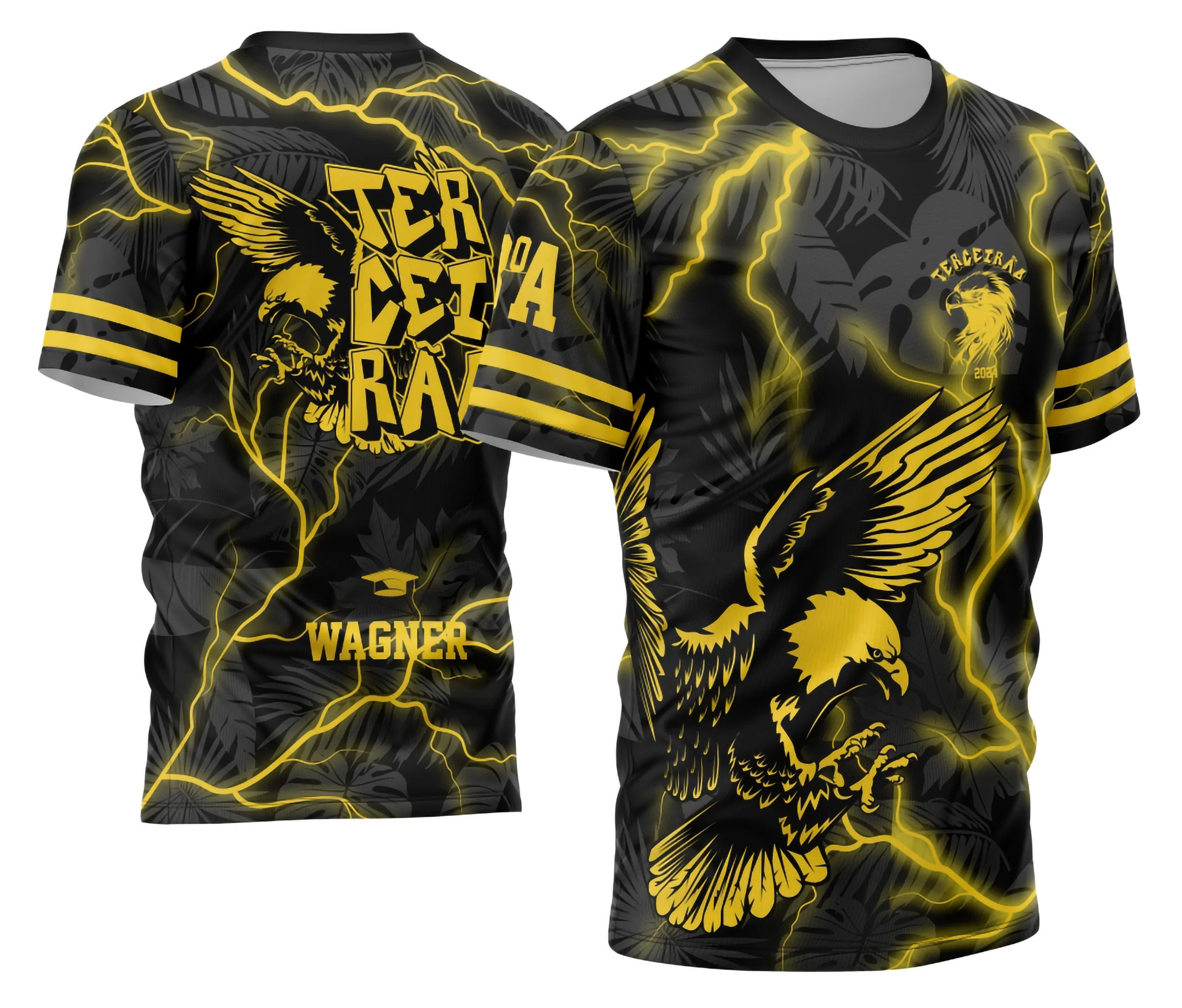 Camiseta unissex preta com logo no peito e estampa grande nas costas com tema Terceirão Águia 2026, modelo único, perfeita para estudantes comemorarem o ano de forma marcante.