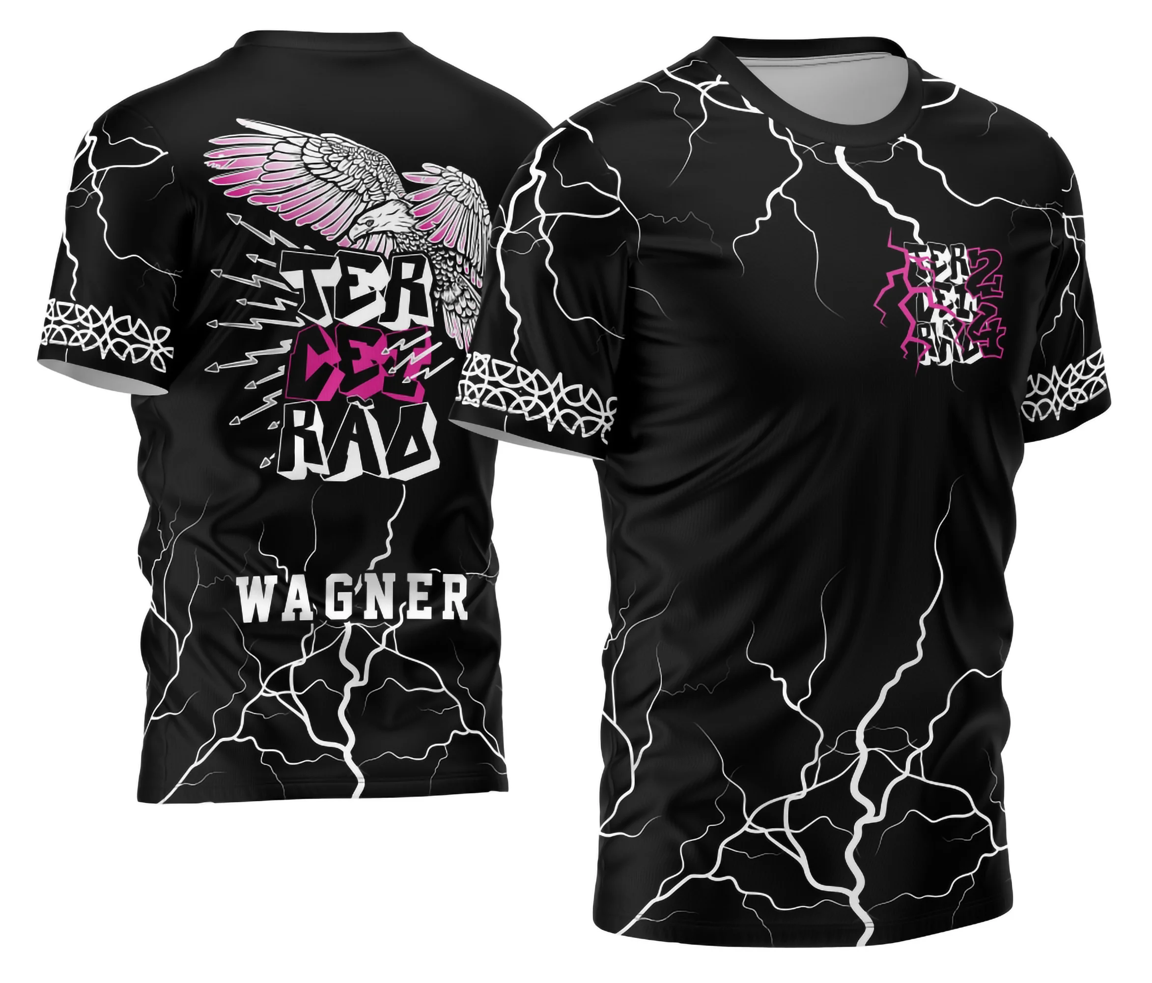 Camisa Terceirão com logo no peito e estampa grande nas costas mostrando uma águia imponente rodeada de raios, transmitindo força e energia para o ano de 2026.