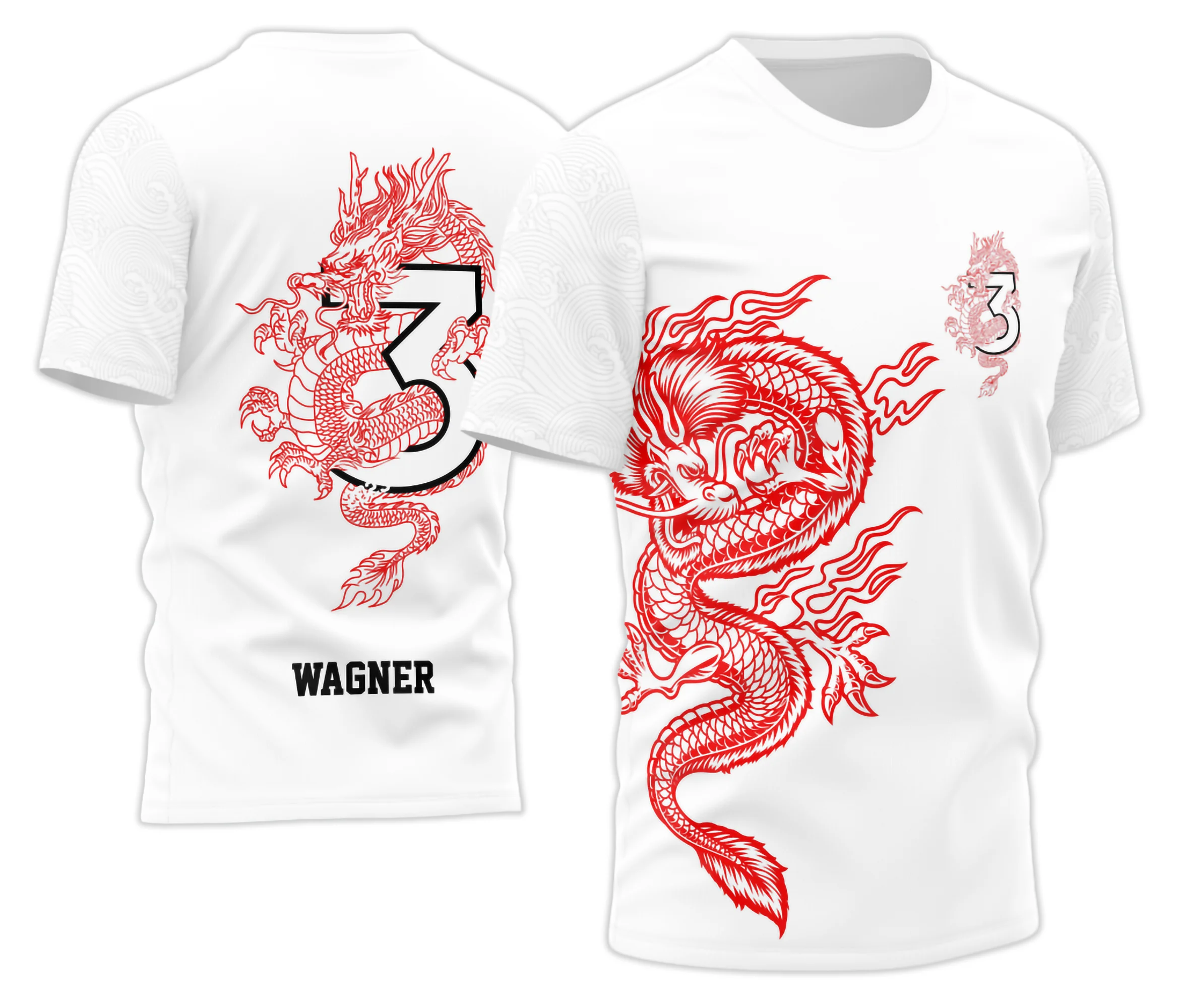 Foto de uma camisa com logo no peito e uma estampa grande nas costas mostrando um dragão vermelho estilizado com detalhes marcantes, perfeita para comemorar o Terceirão com estilo.
