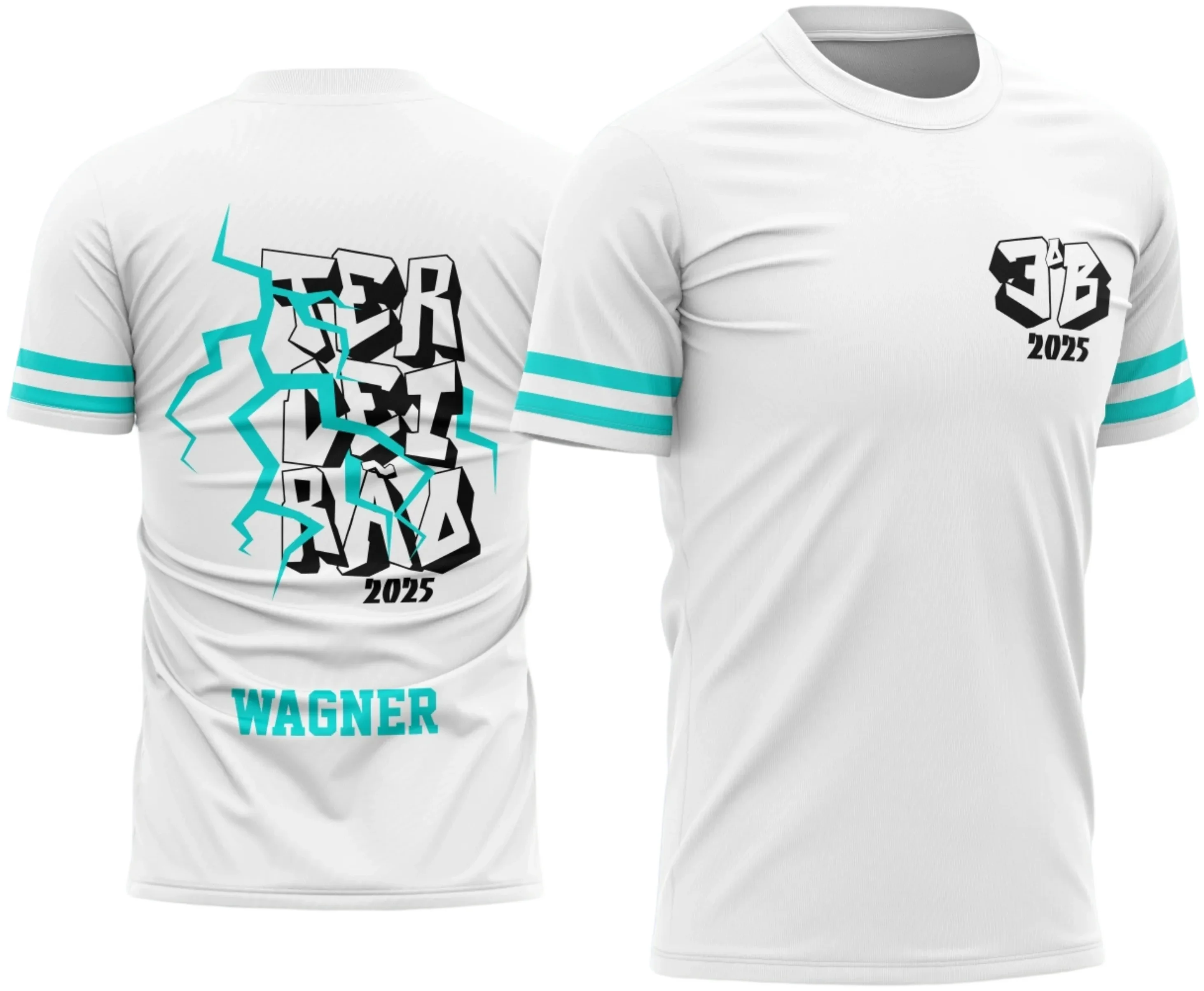 Camisa com logo no peito destacado e estampa grande nas costas com design de graffiti e raios vibrantes que trazem energia única à peça, perfeita para marcar o período do Terceirão com estilo ousado e moderno.