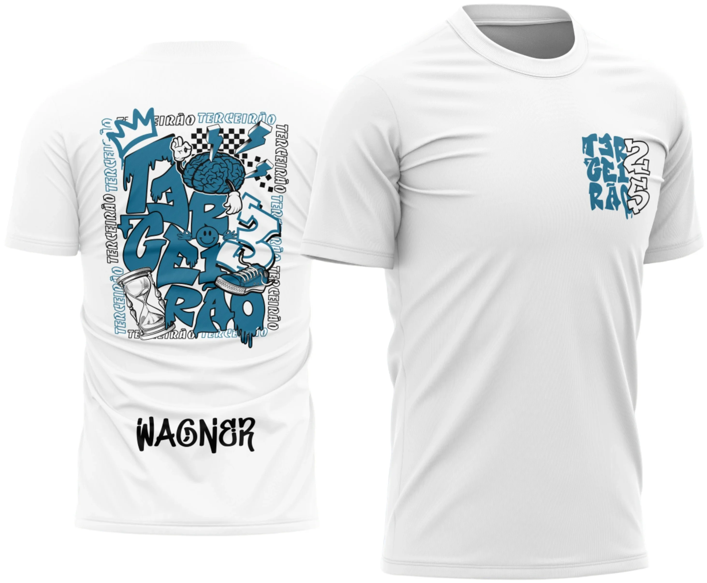 Imagem de uma camisa com logo no peito e estampa grande nas costas em estilo graffiti urbano, remetendo ao street style e à vibe do terçeirão, com design marcante e cheio de personalidade.