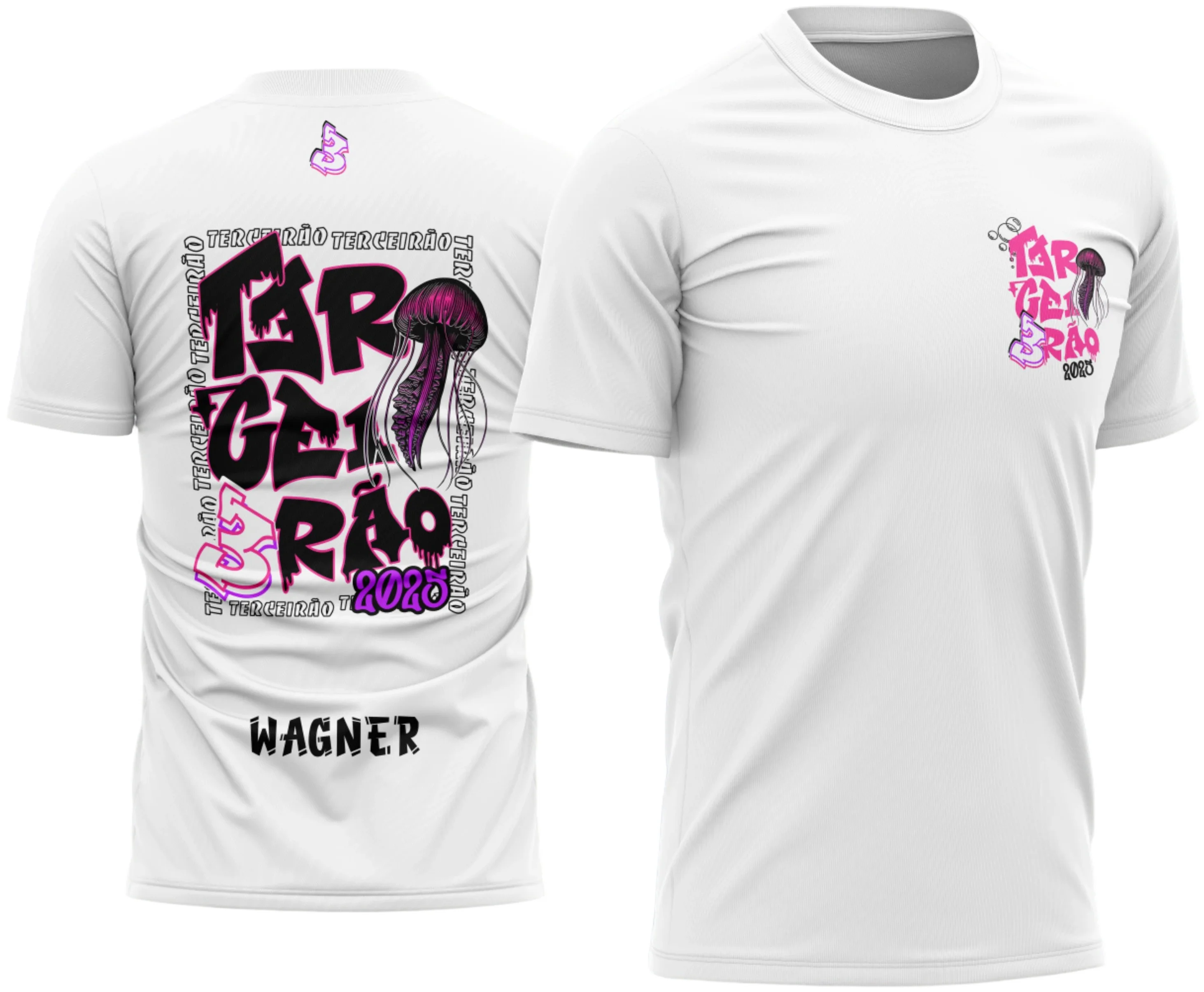 Camiseta unissex preta com logo no peito e estampa grande nas costas da turma Terceirão Água Viva, perfeita para comemorar a formatura com estilo e personalidade.