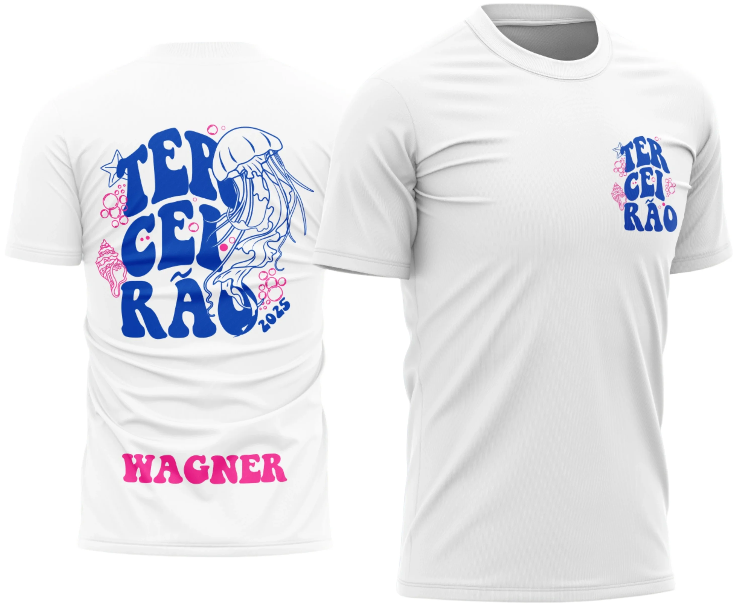 Camiseta unissex preta com logo no peito e estampa grande nas costas exibindo tema Terceirão Água Viva, ideal para estudantes celebrando o último ano.