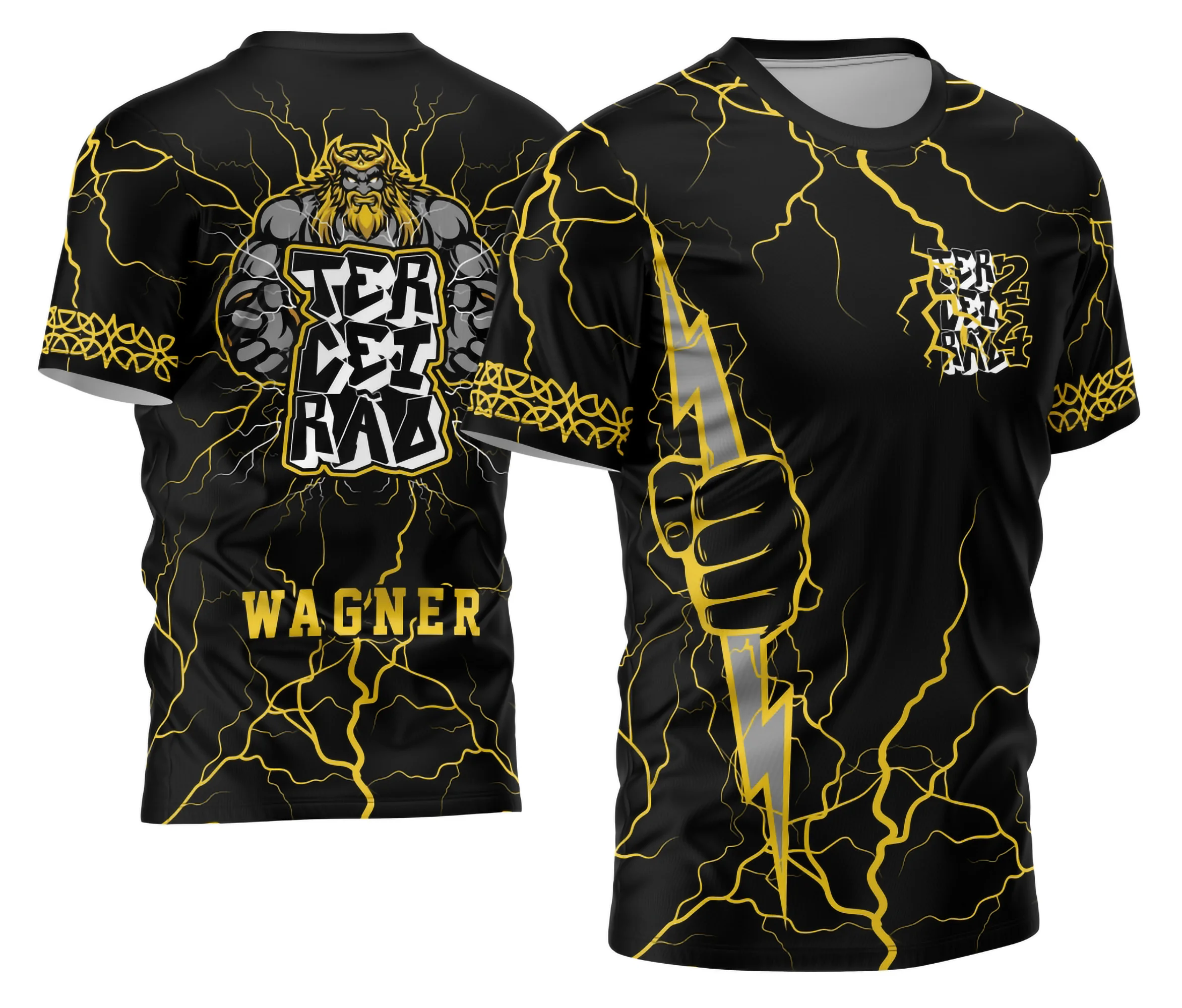 Camisa Terceirão com logo no peito destacado e estampa grande nas costas mostrando o tema Zeus em fúria com design vibrante e envolvente, perfeita para turma 2026 expressar sua identidade com estilo e atitude.