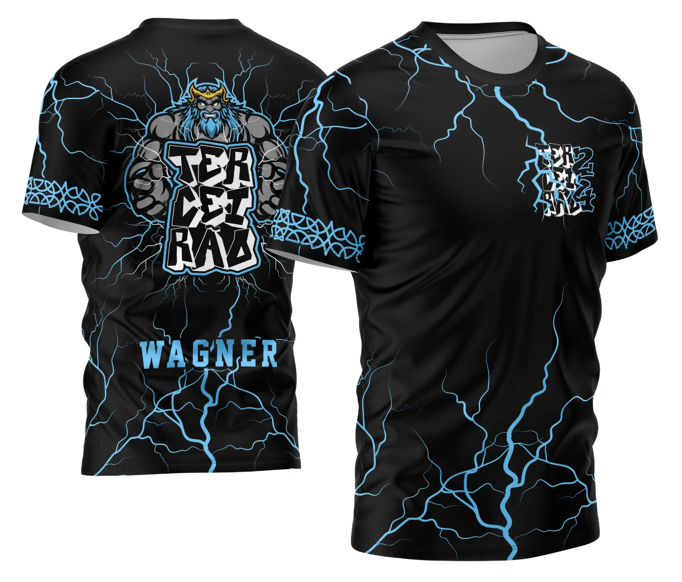 Camisa com logo no peito destacando o símbolo de Zeus e estampa grande nas costas mostrando Zeus em chamas com detalhes intensos, transmitindo força e energia para o Terceirão 2026.