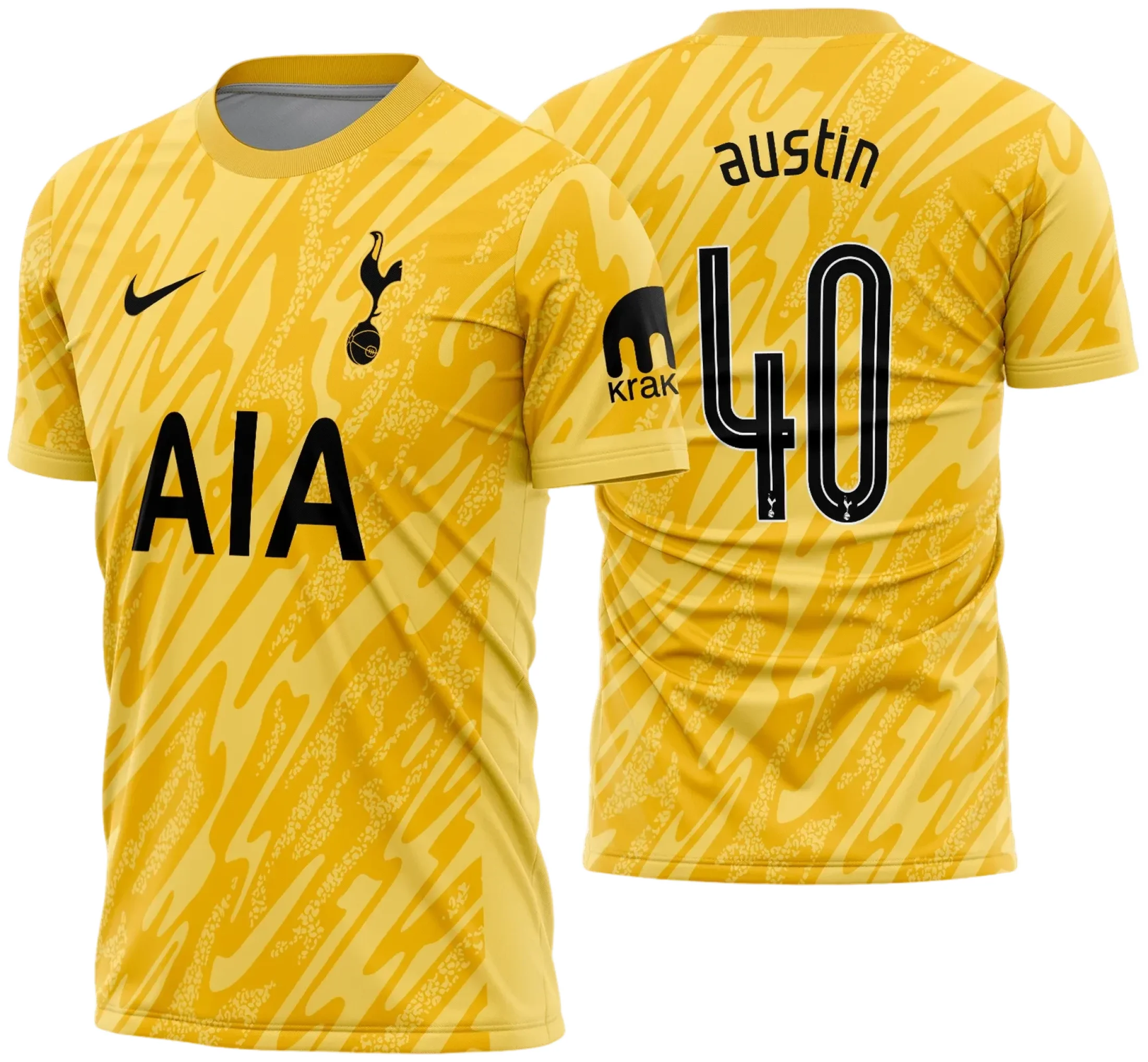 Foto de camiseta unissex preta com logo no peito e estampa grande nas costas do goleiro Tottenham 2024-2025, design moderno e tema esportivo para fãs do time.