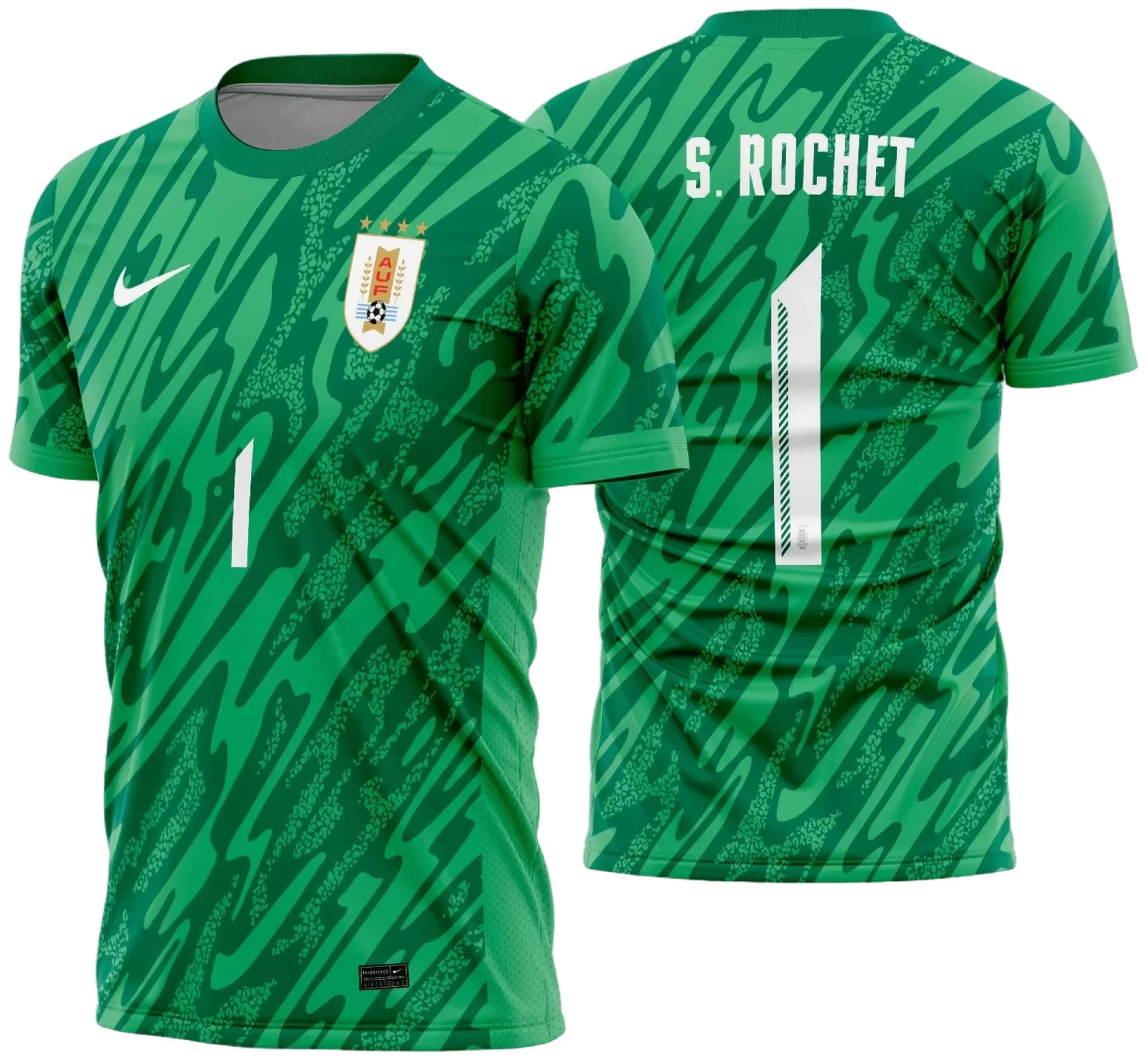 Camiseta unissex preta com logo no peito e estampa grande nas costas mostrando o goleiro do Uruguai 2024 2025, ideal para fãs do futebol uruguaio.